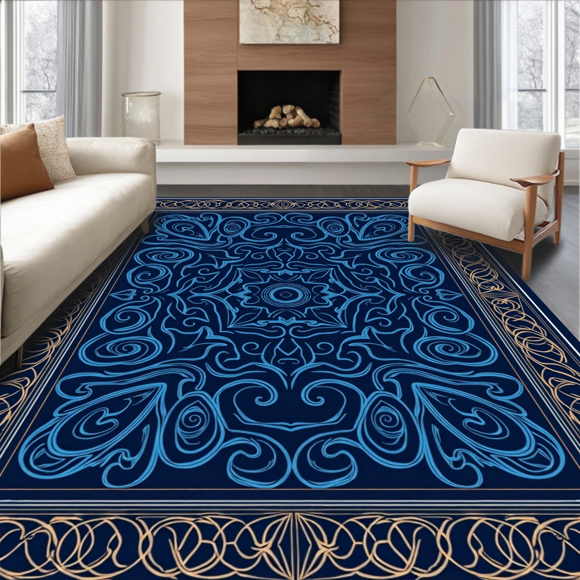 Deep Blue Ornate Floral Medallion Pattern Rug