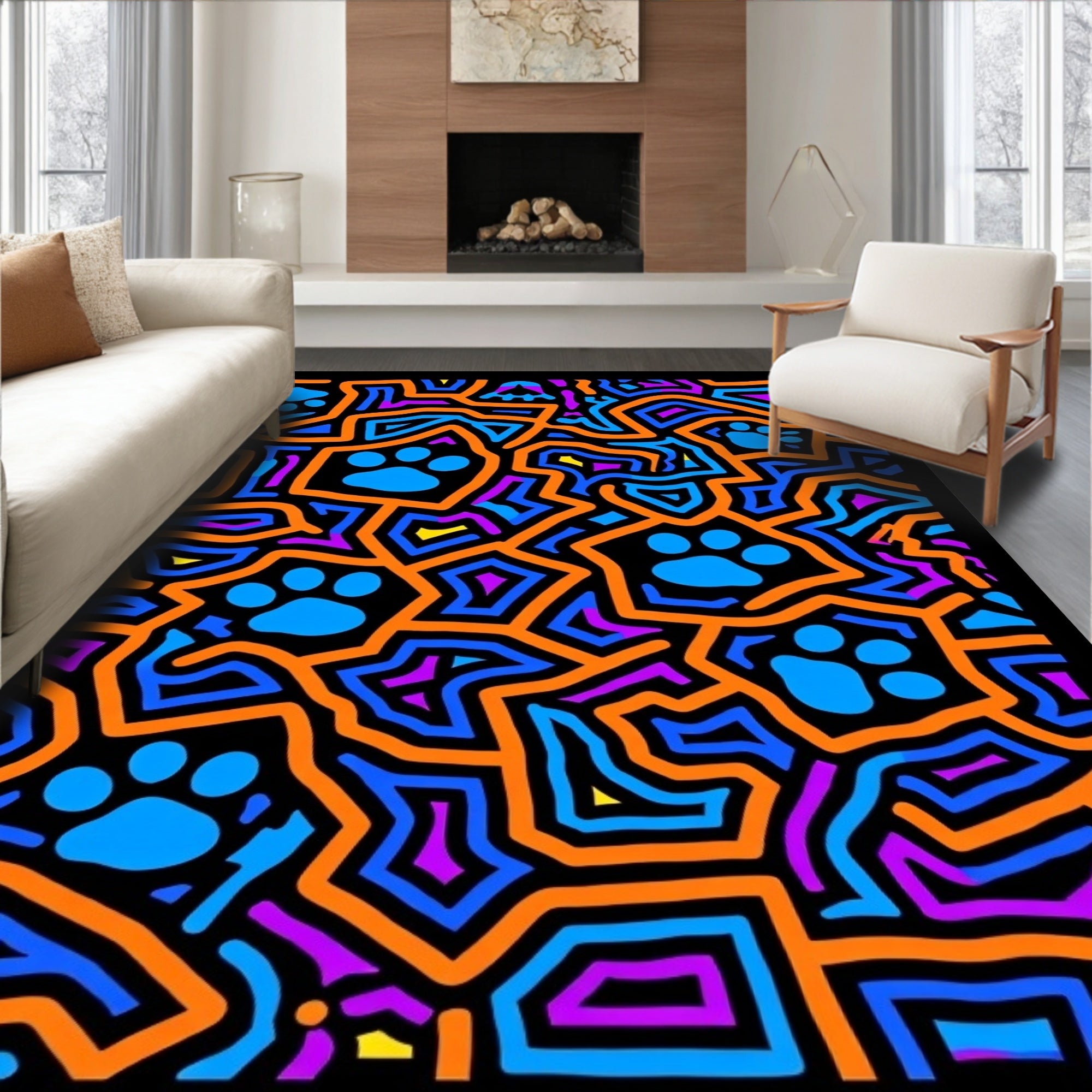 Vibrant Blue Paw Geometric Maze Rug