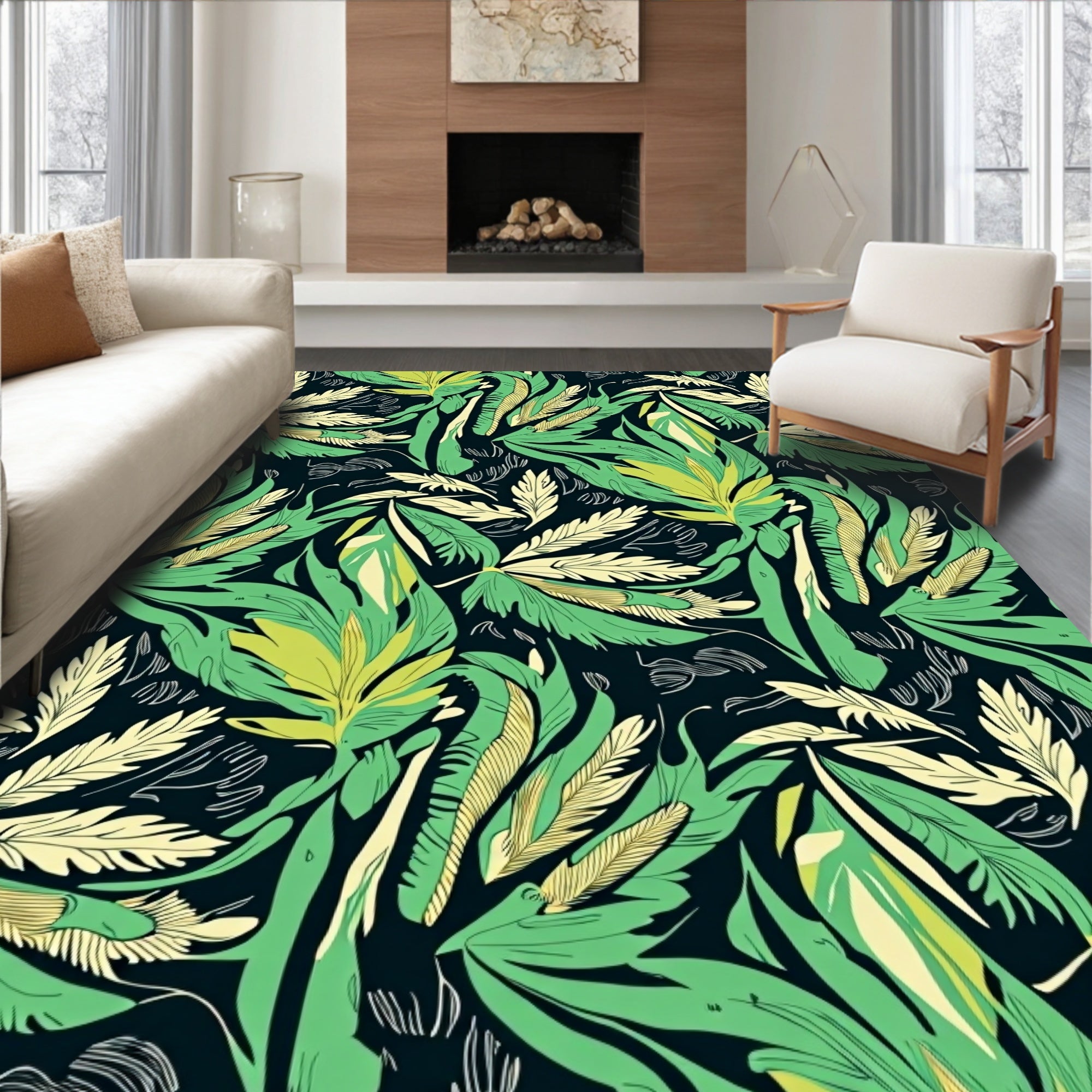 Tropical Leaf Patterned Vibrant Green Rug