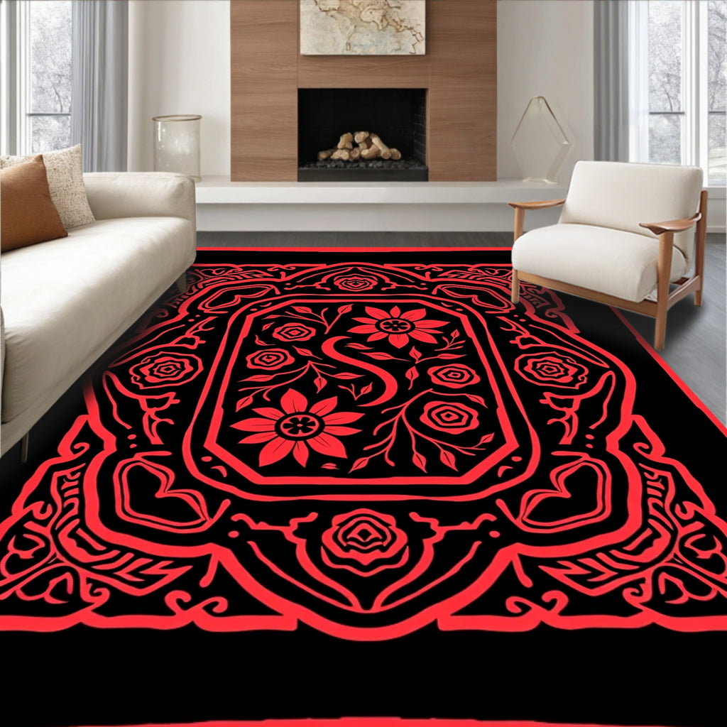 Floral Intricate Red Black Design Rug