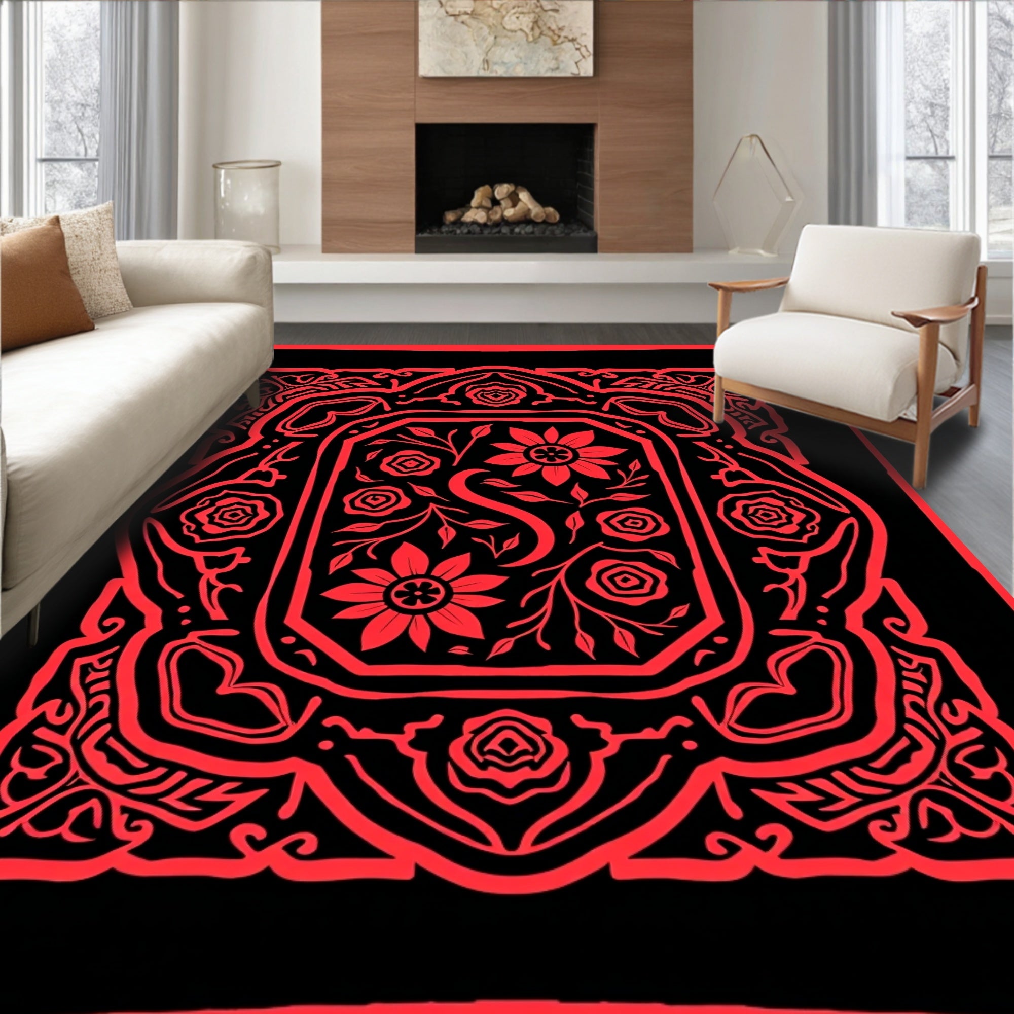Floral Intricate Red Black Design Rug