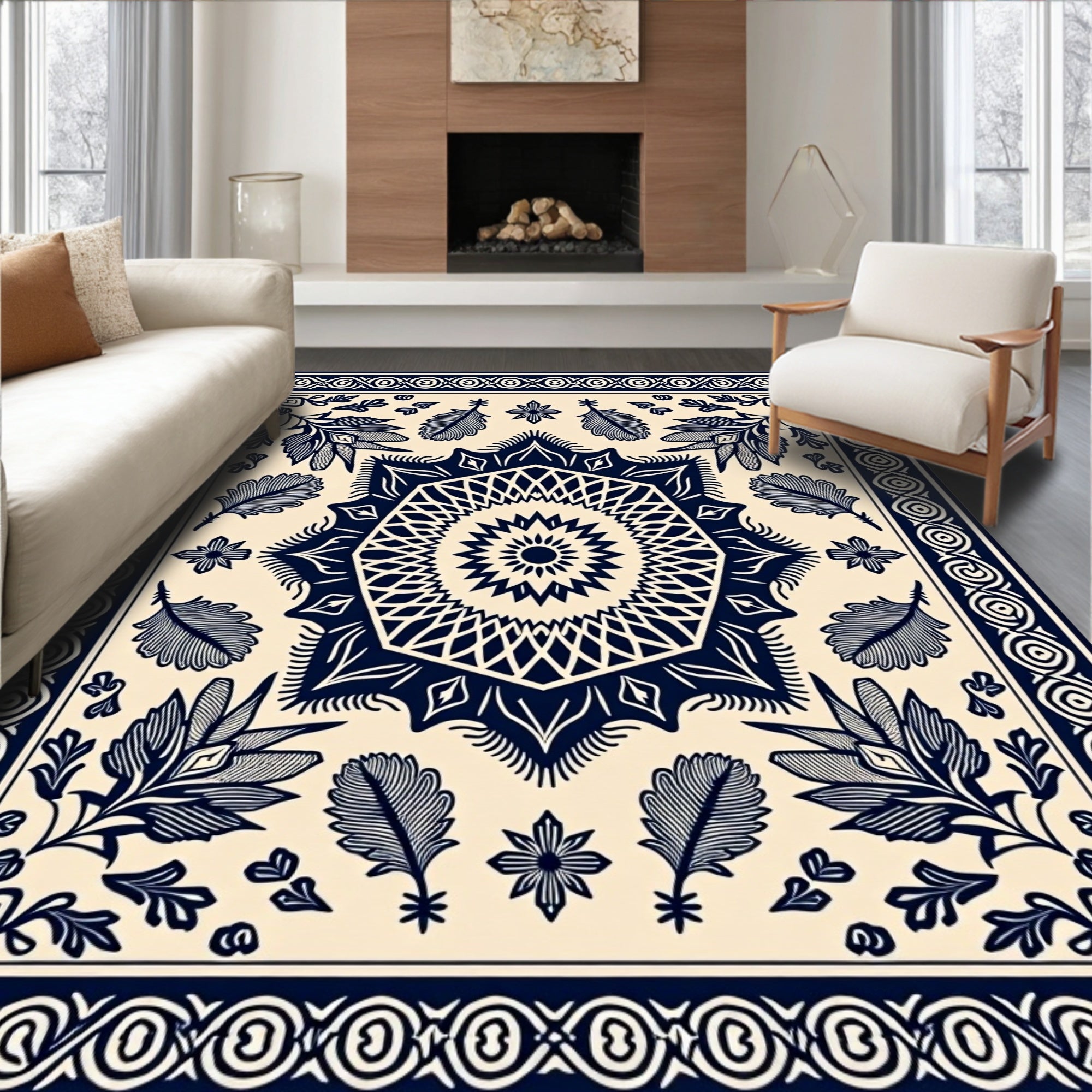 Navy Leaf Starburst Geometric Mandala Rug