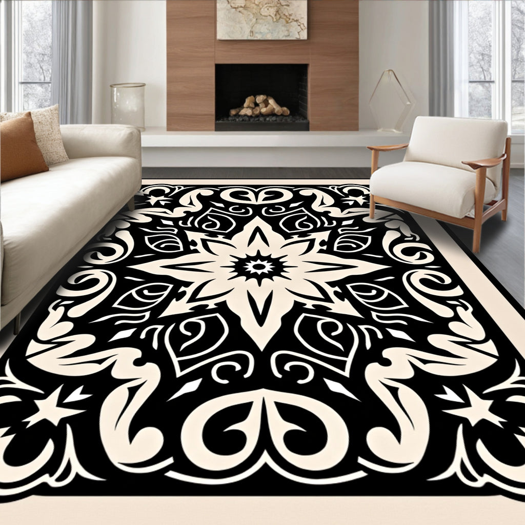 Classic Floral Scrollwork Black Beige Rug