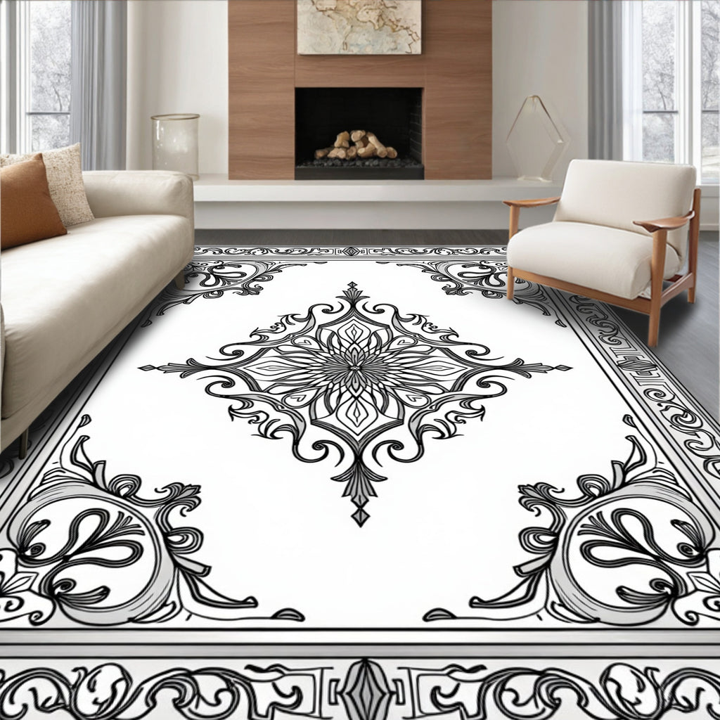 Ornate Floral Bordered Rococo Design Rug