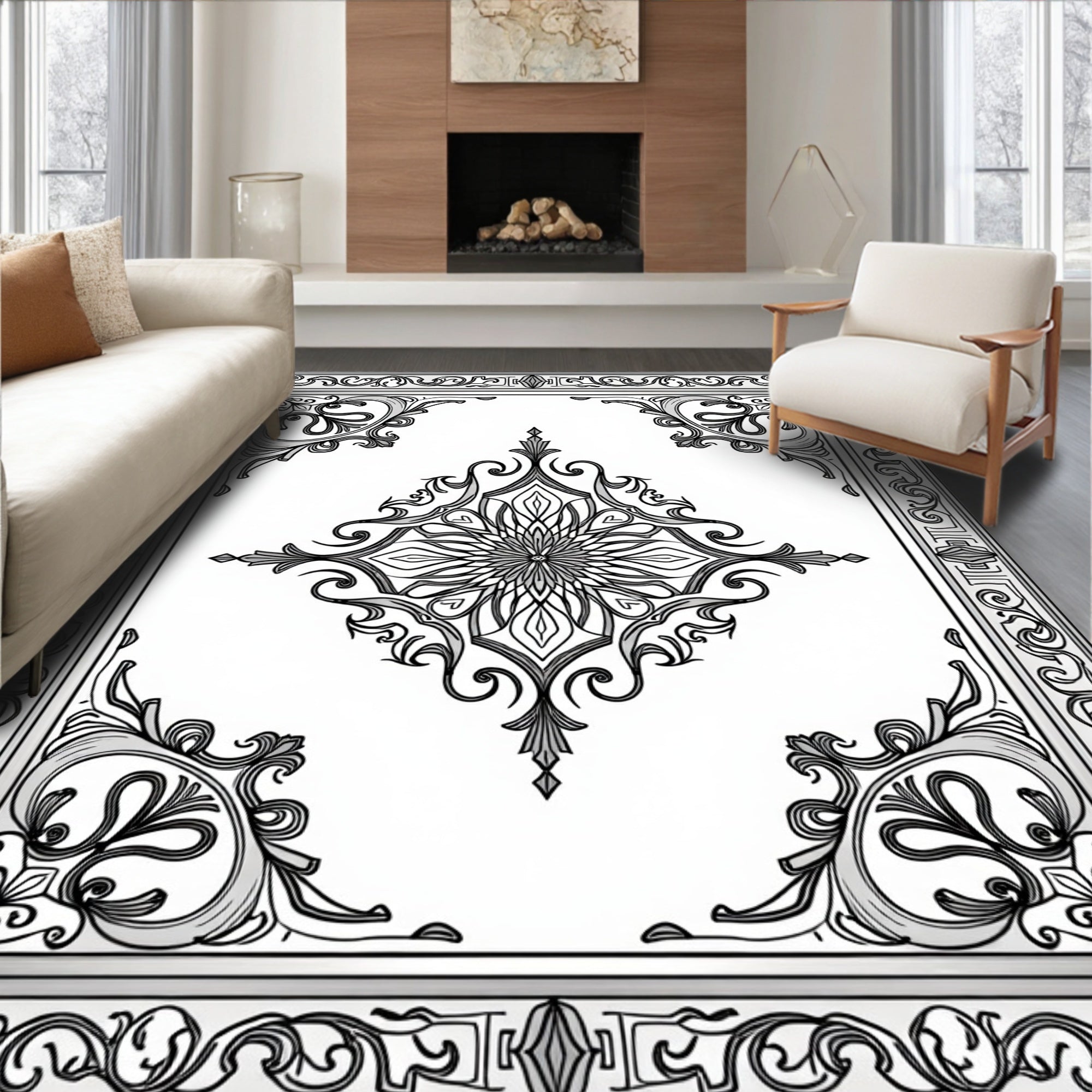 Ornate Floral Bordered Rococo Design Rug