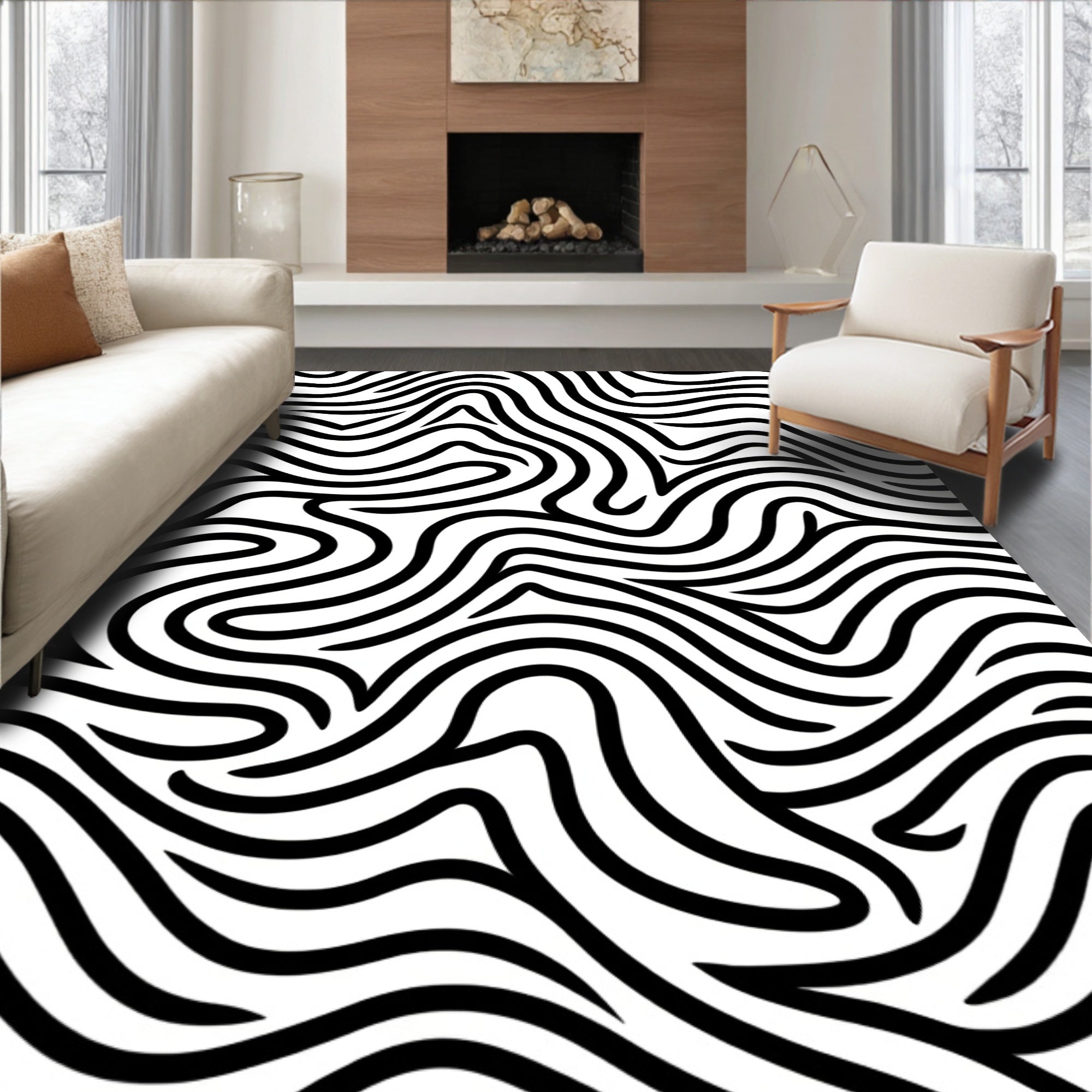 Abstract Black White Wavy Lines Rug