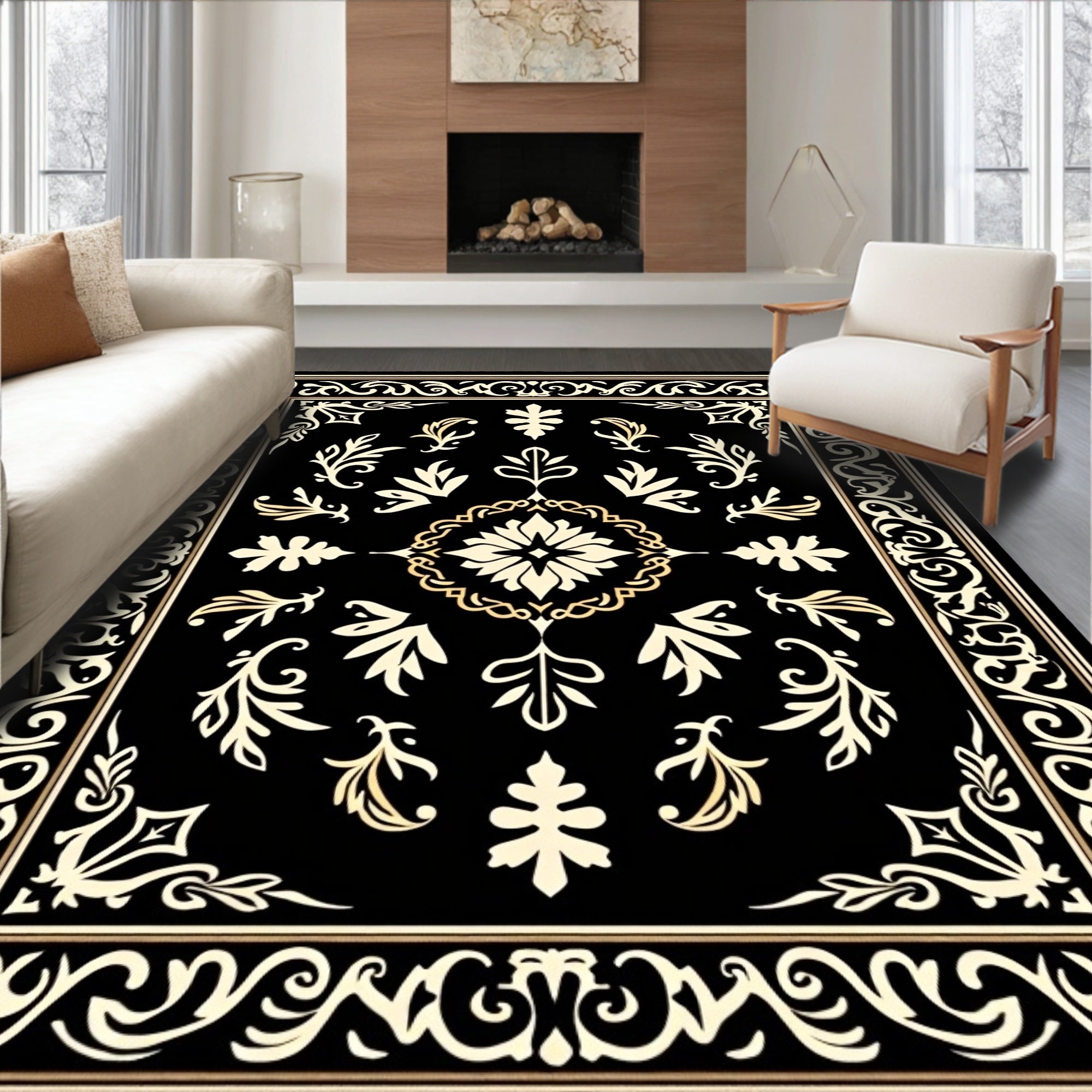 Ornate Black Cream Floral Pattern Rug