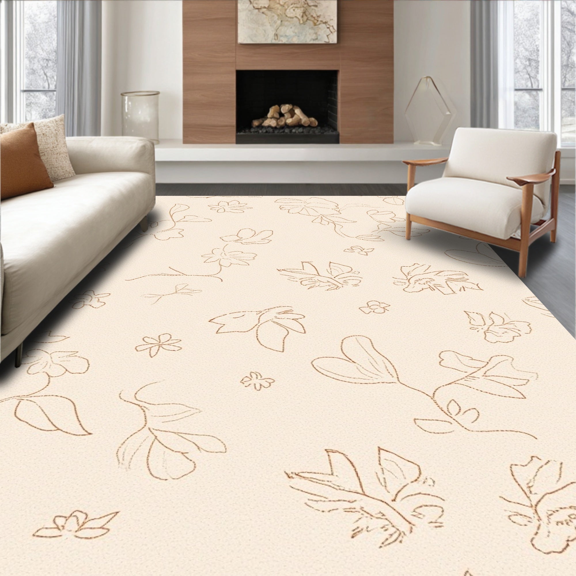 Delicate Line Art Botanical Pattern Rug