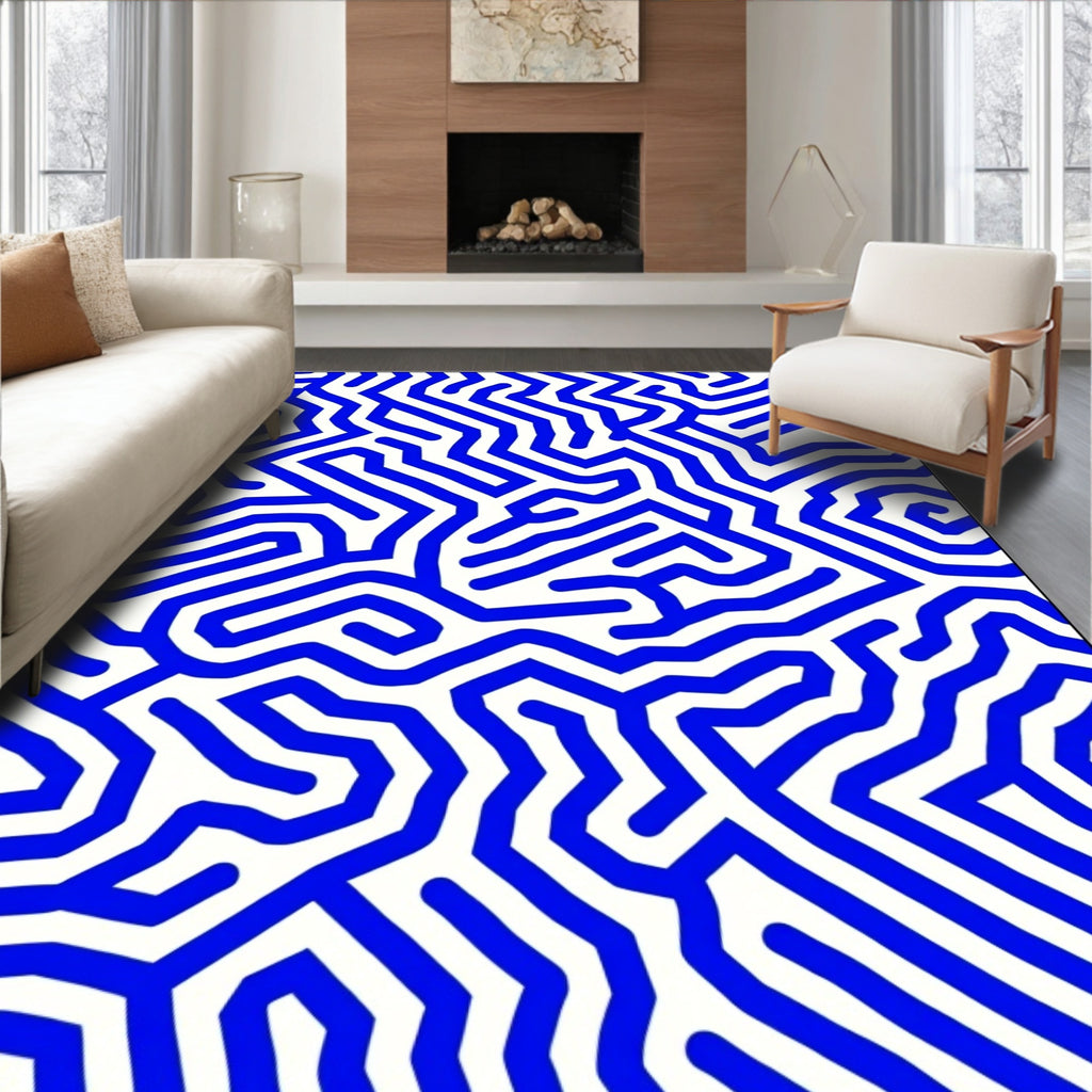 Abstract Blue Maze Pattern Rug