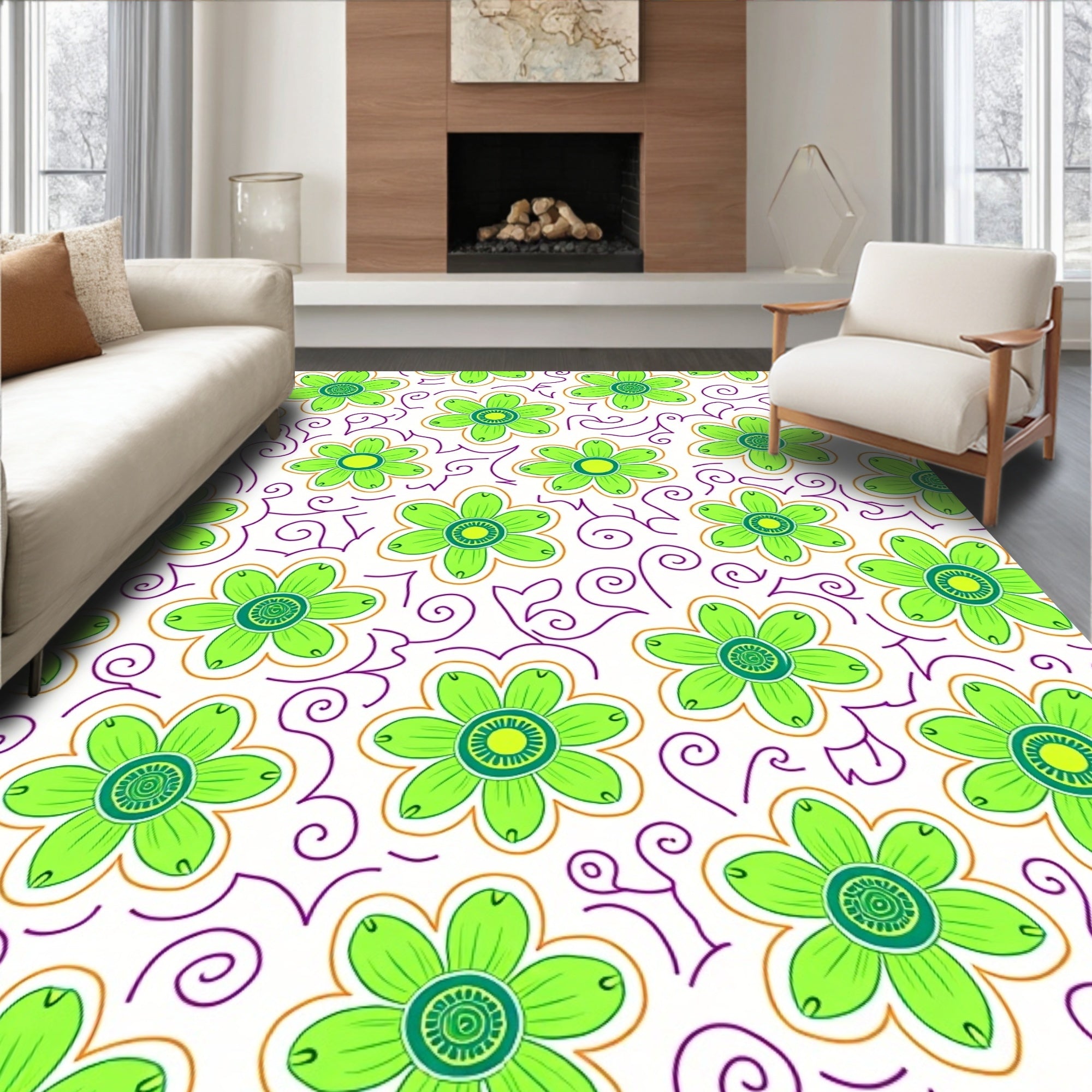 Green Floral Swirls Design Rug