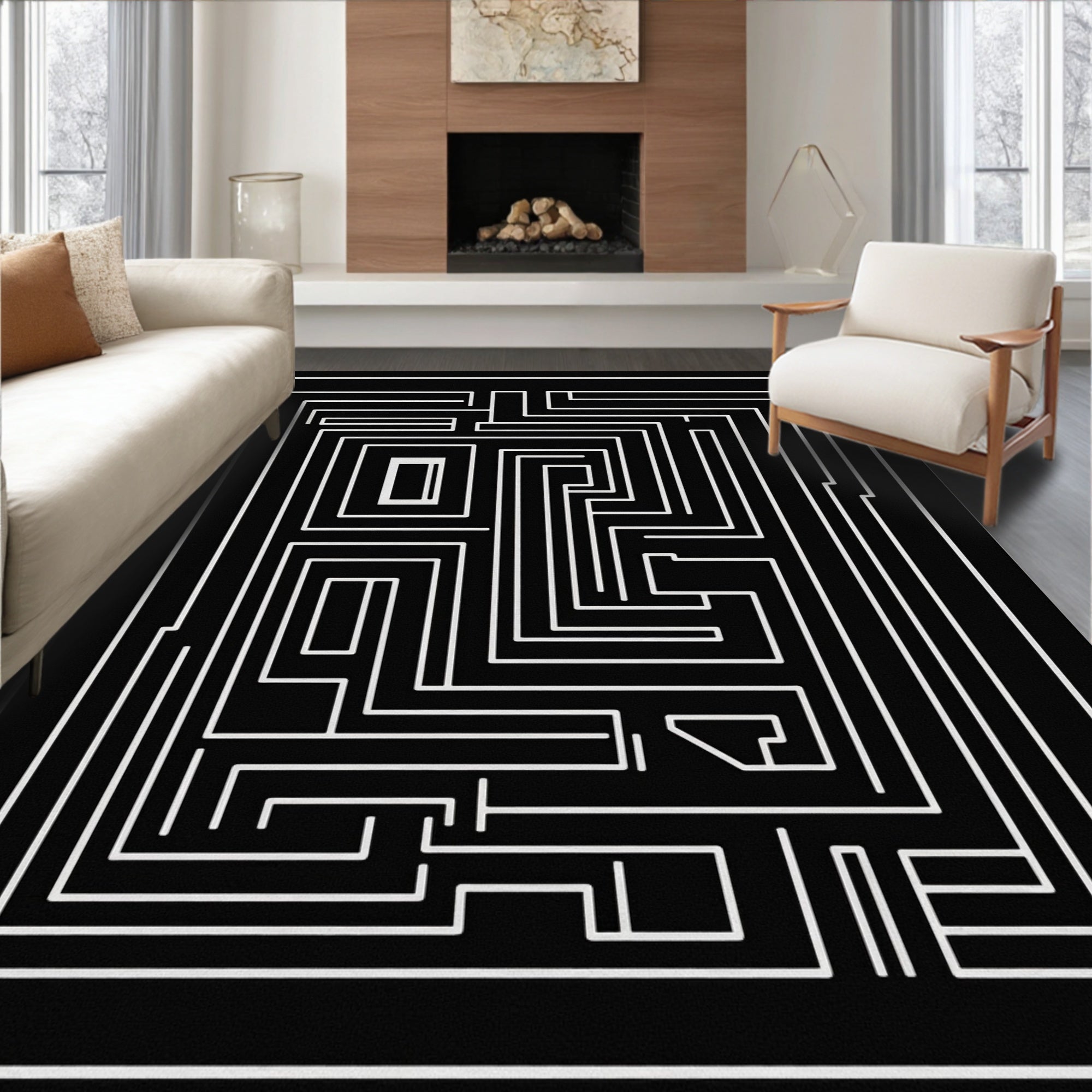 Black White Maze Pattern Rug