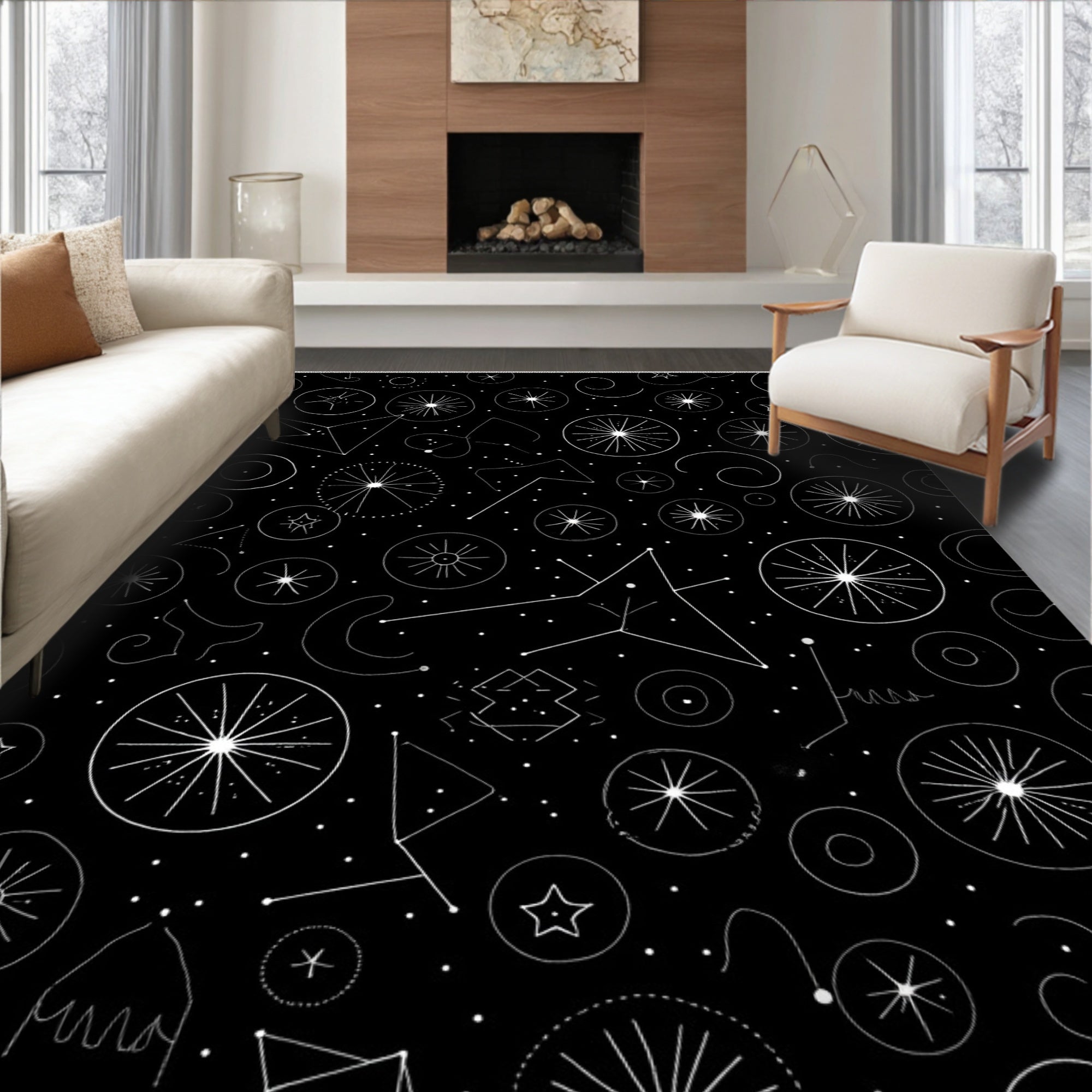 Cosmic Black White Celestial Star Rug