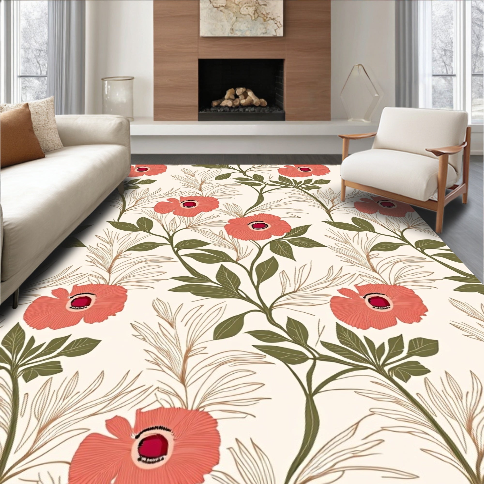 Coral Orange Floral Botanical Pattern Rug