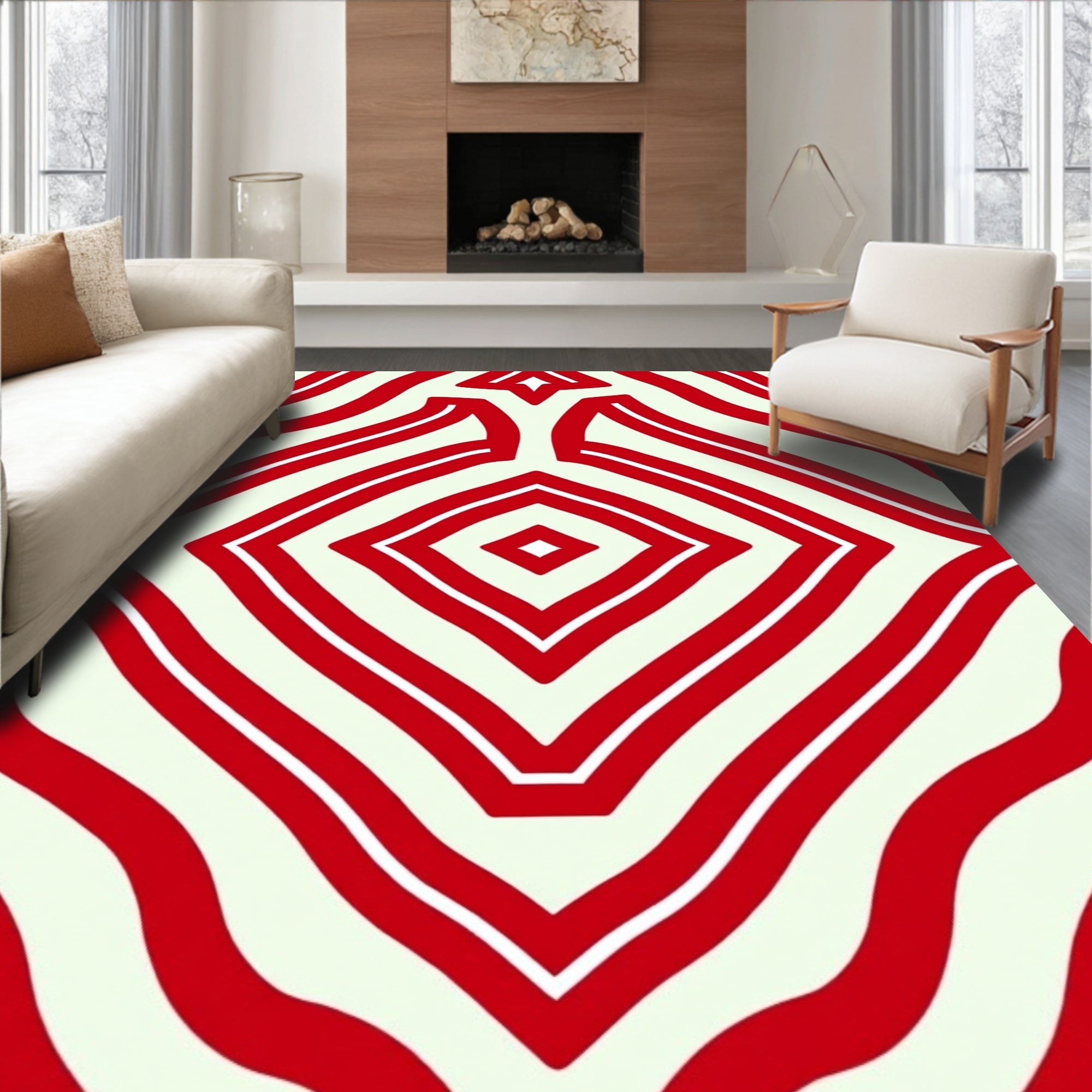 Red White Diamond Wave Pattern Rug