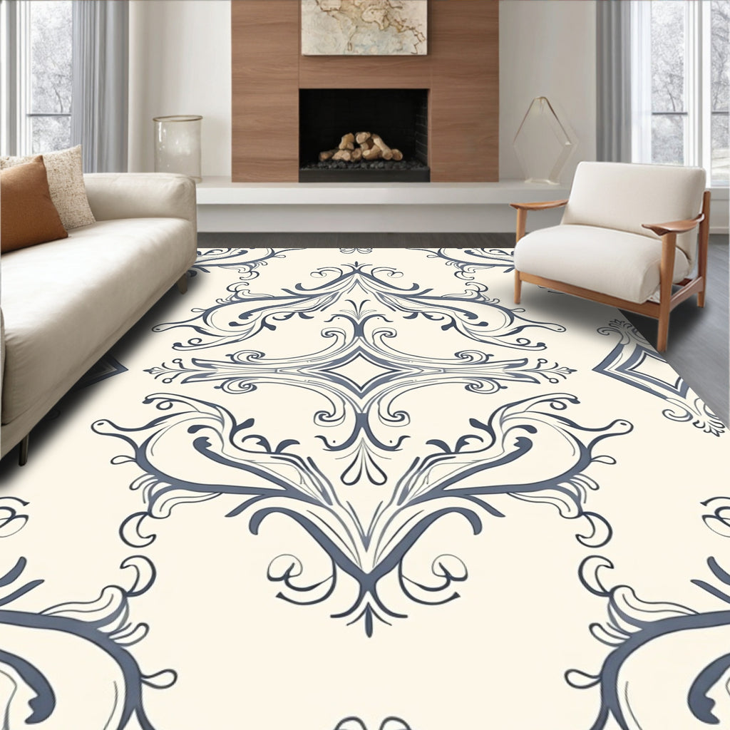 Ornate Blue And Cream Swirl Pattern Rug