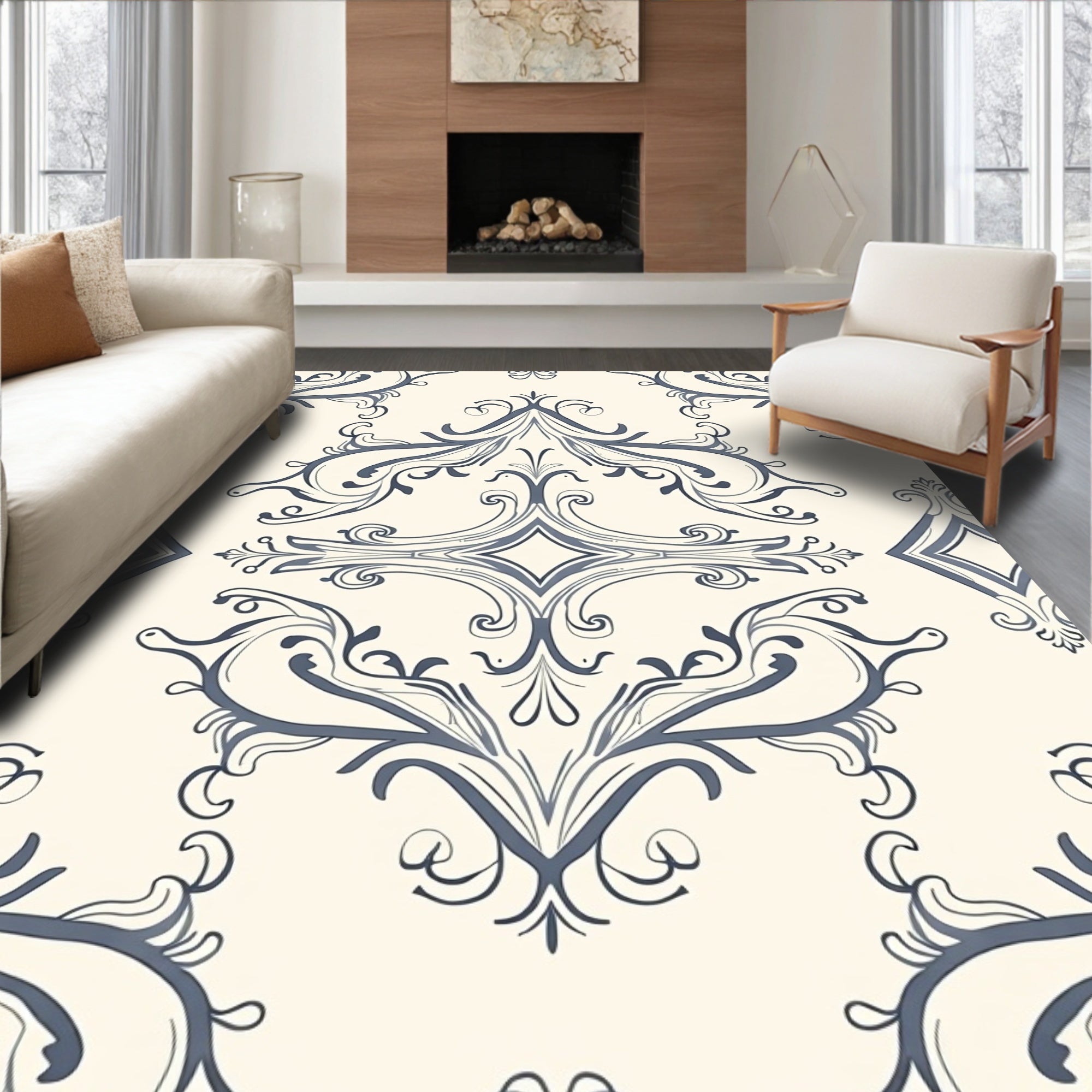 Ornate Blue And Cream Swirl Pattern Rug