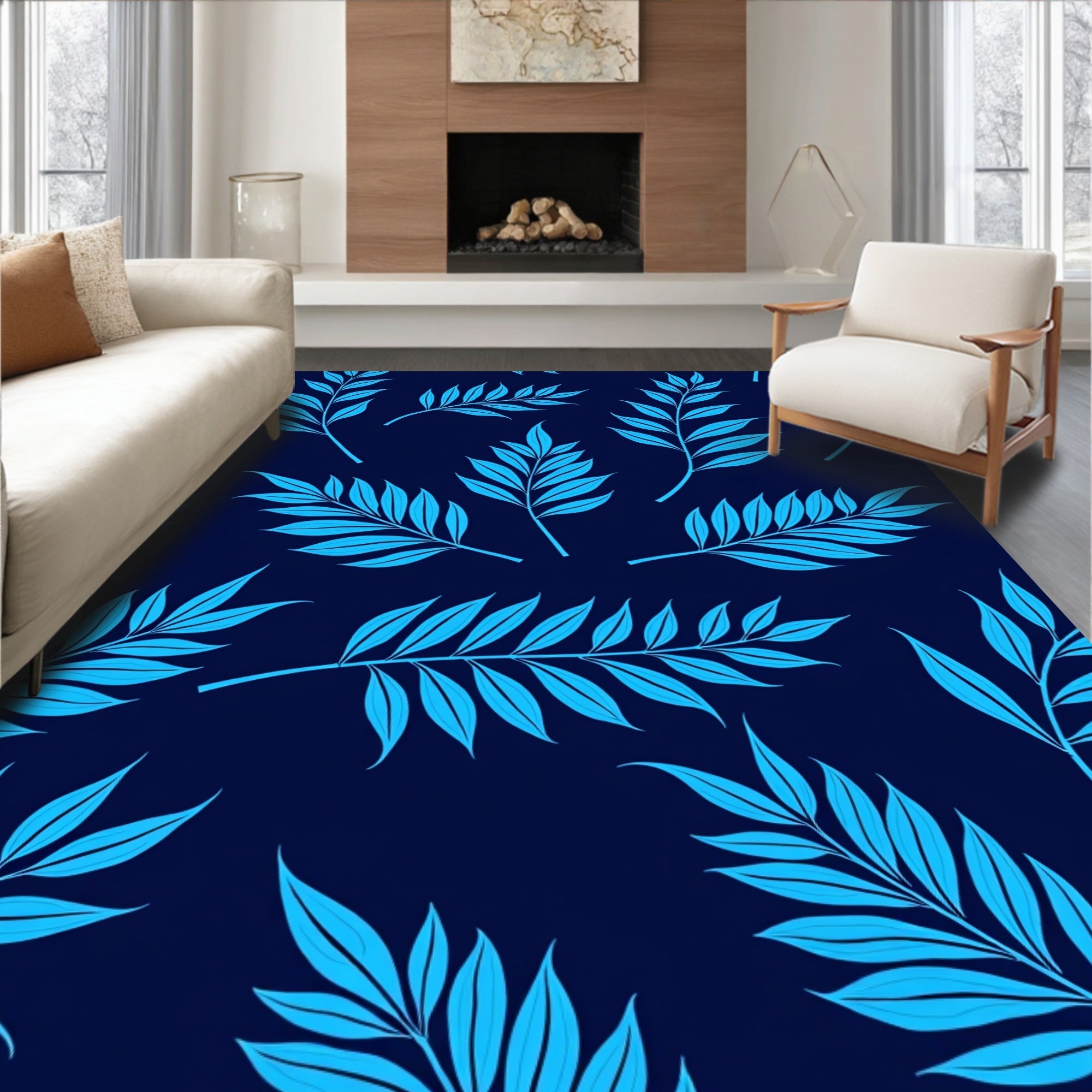 Aqua Palm Frond Pattern Rug