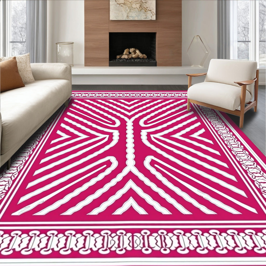 Vibrant Pink White Abstract Stripe Rug