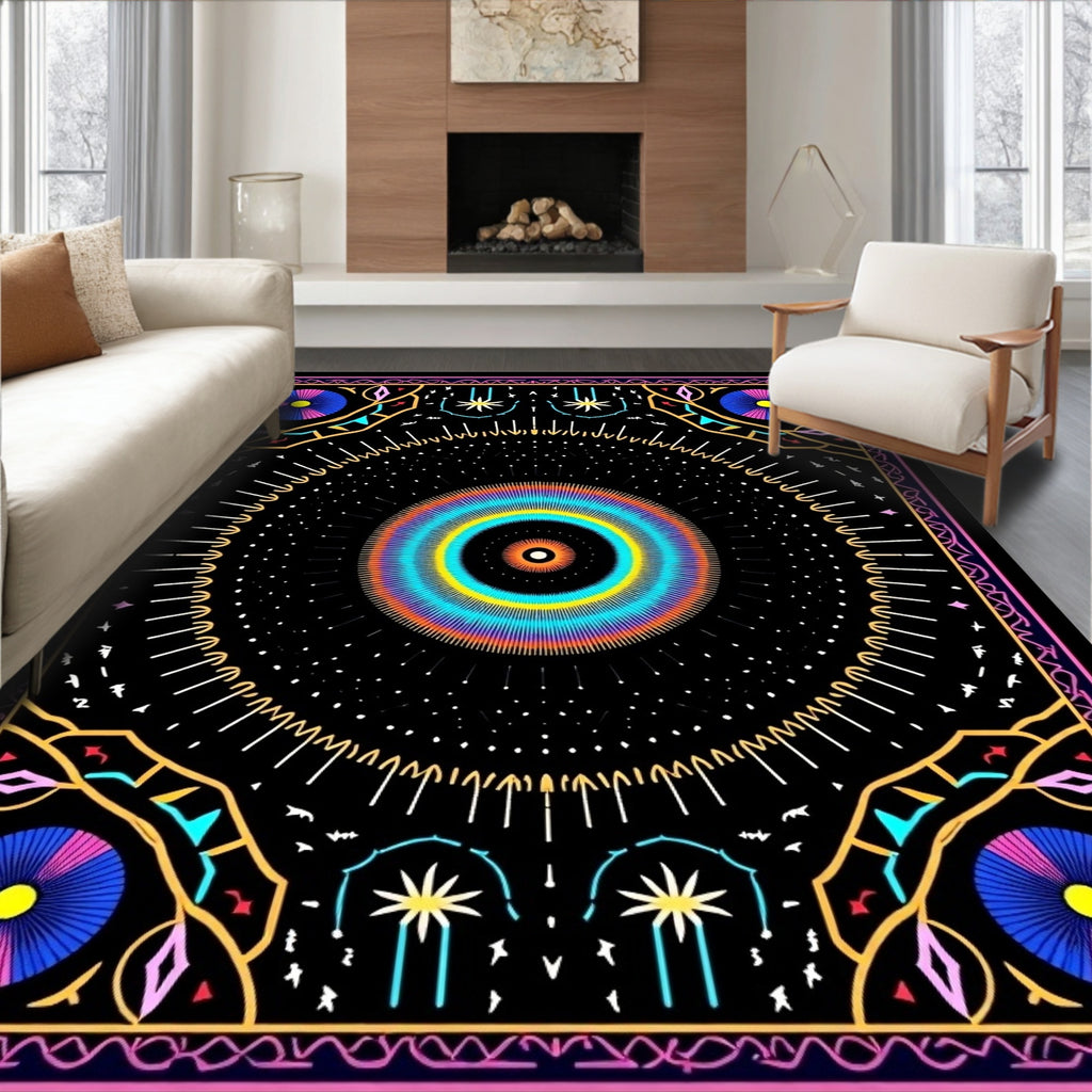Vibrant Cosmic Sunburst Mandala Design Rug