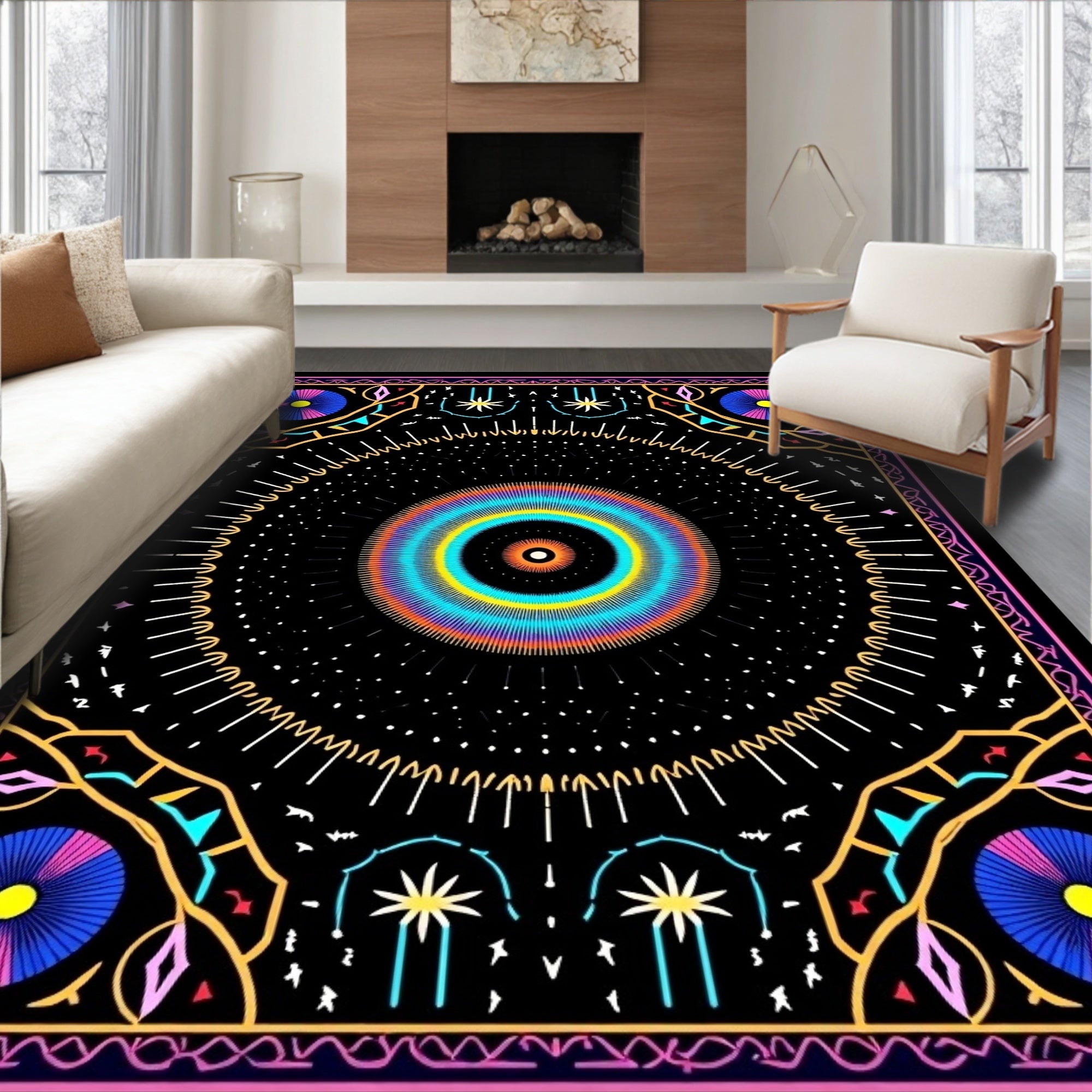 Vibrant Cosmic Sunburst Mandala Design Rug