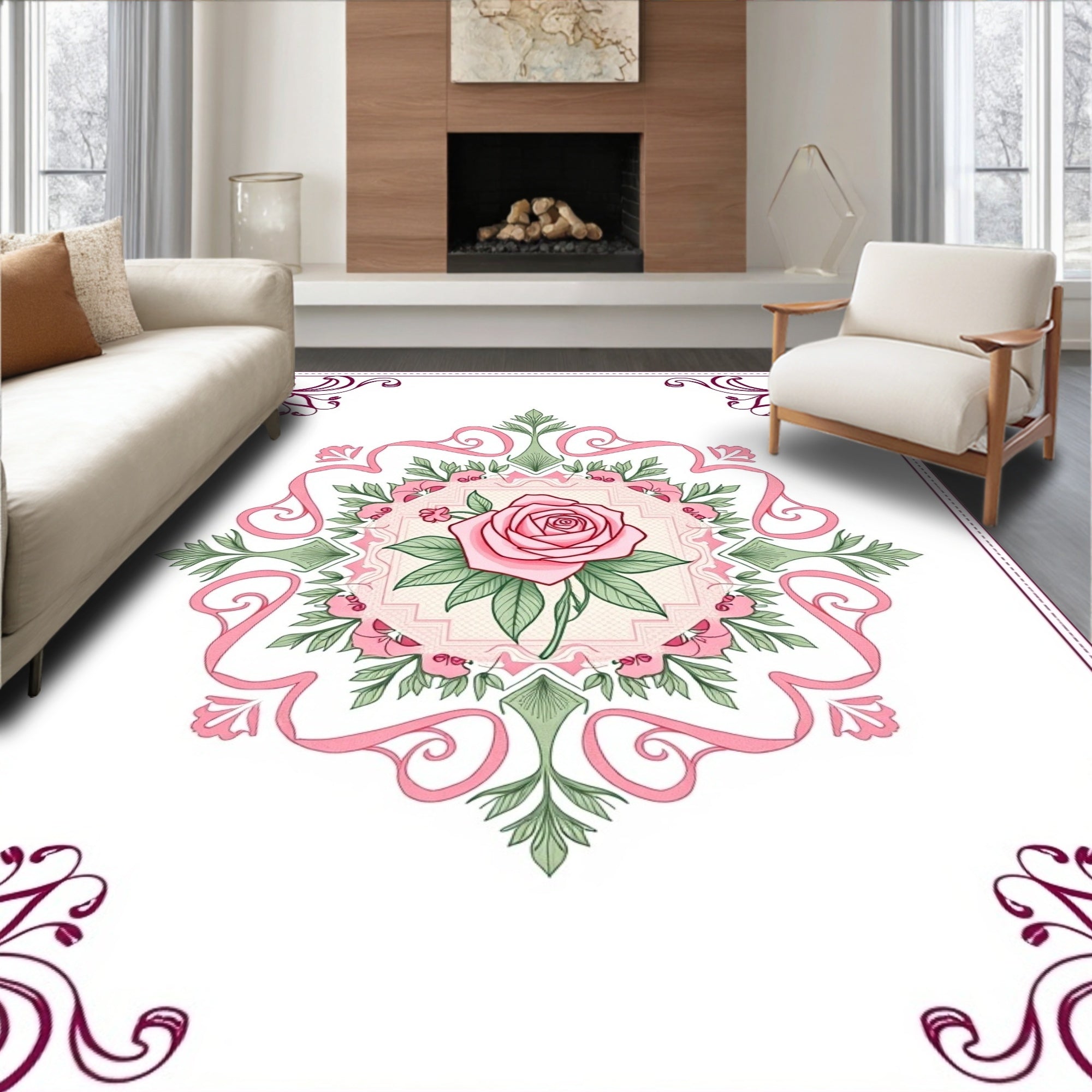 Pink Rose Floral Medallion Garden Vine Rug