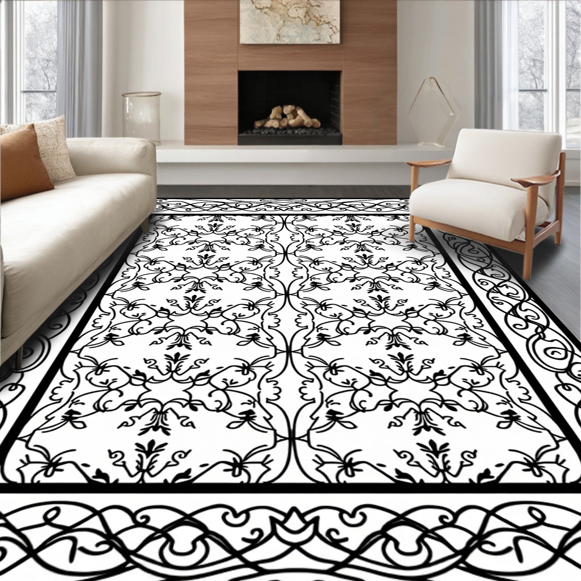 Ornate Black White Scroll Pattern Rug