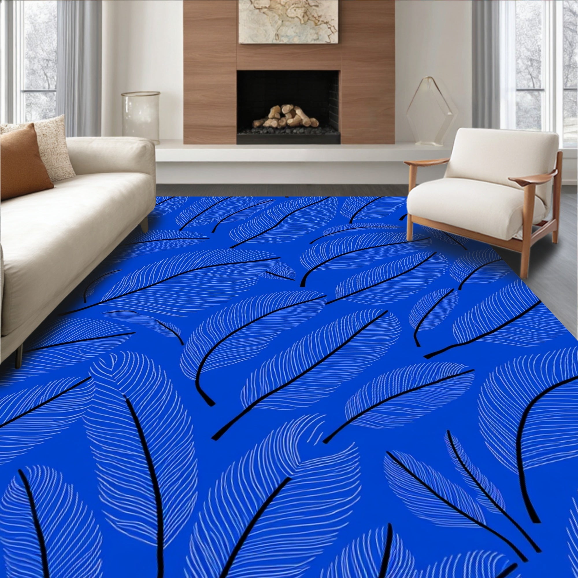 Blue White Feather Pattern Accent Rug