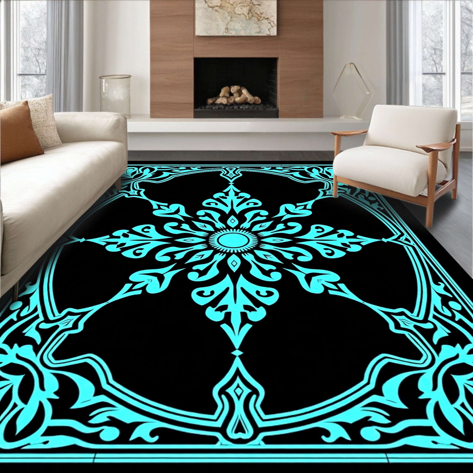 Cyan Ornate Floral Medallion Pattern Rug
