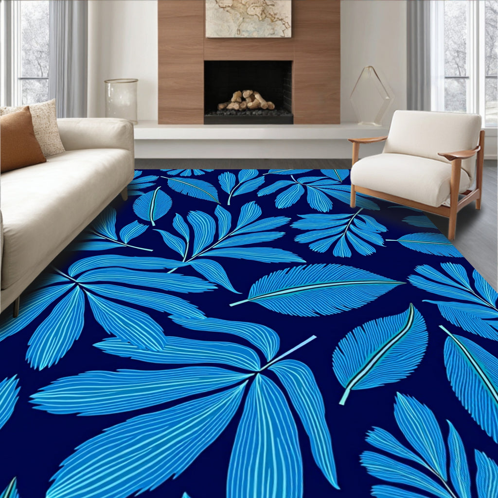 Aesthetic Blue Tropical Palm Leaves Pattern Rug