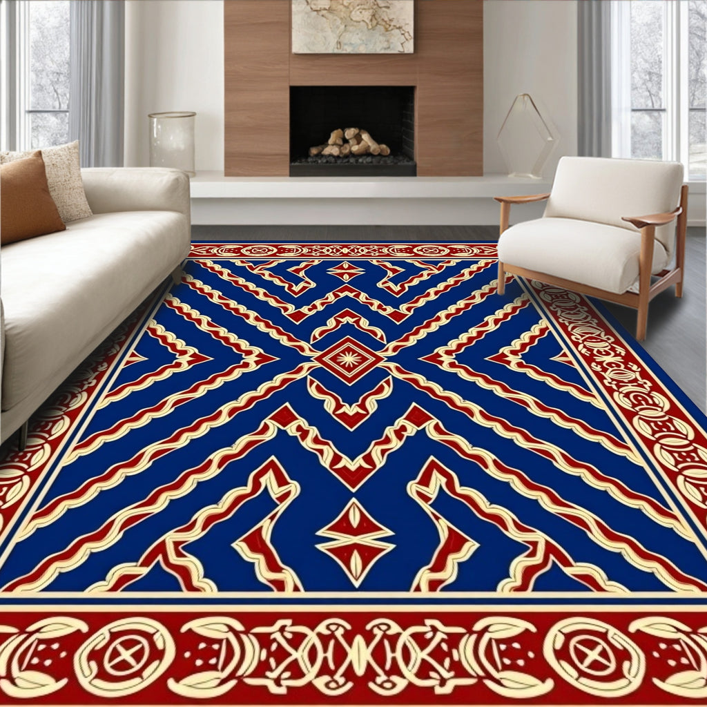 Rich Blue Red And Gold Geometric Design Rug