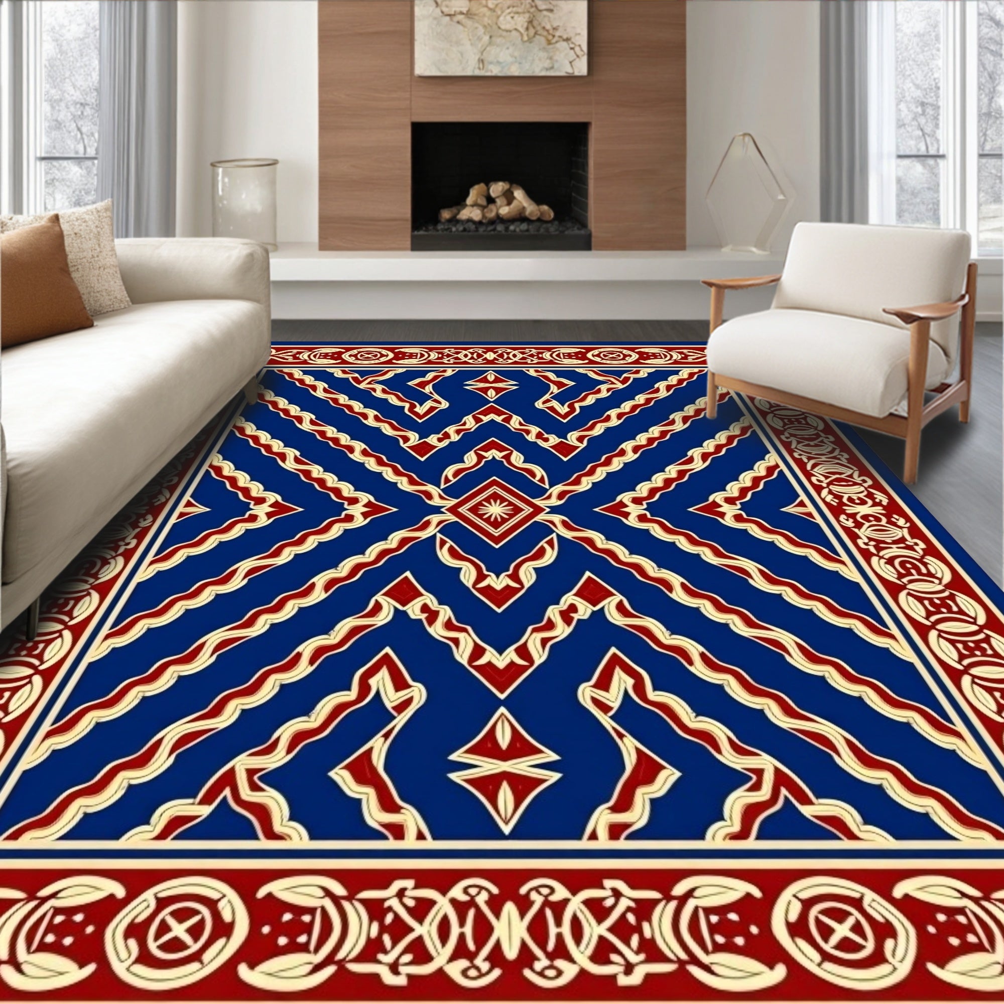 Rich Blue Red And Gold Geometric Design Rug