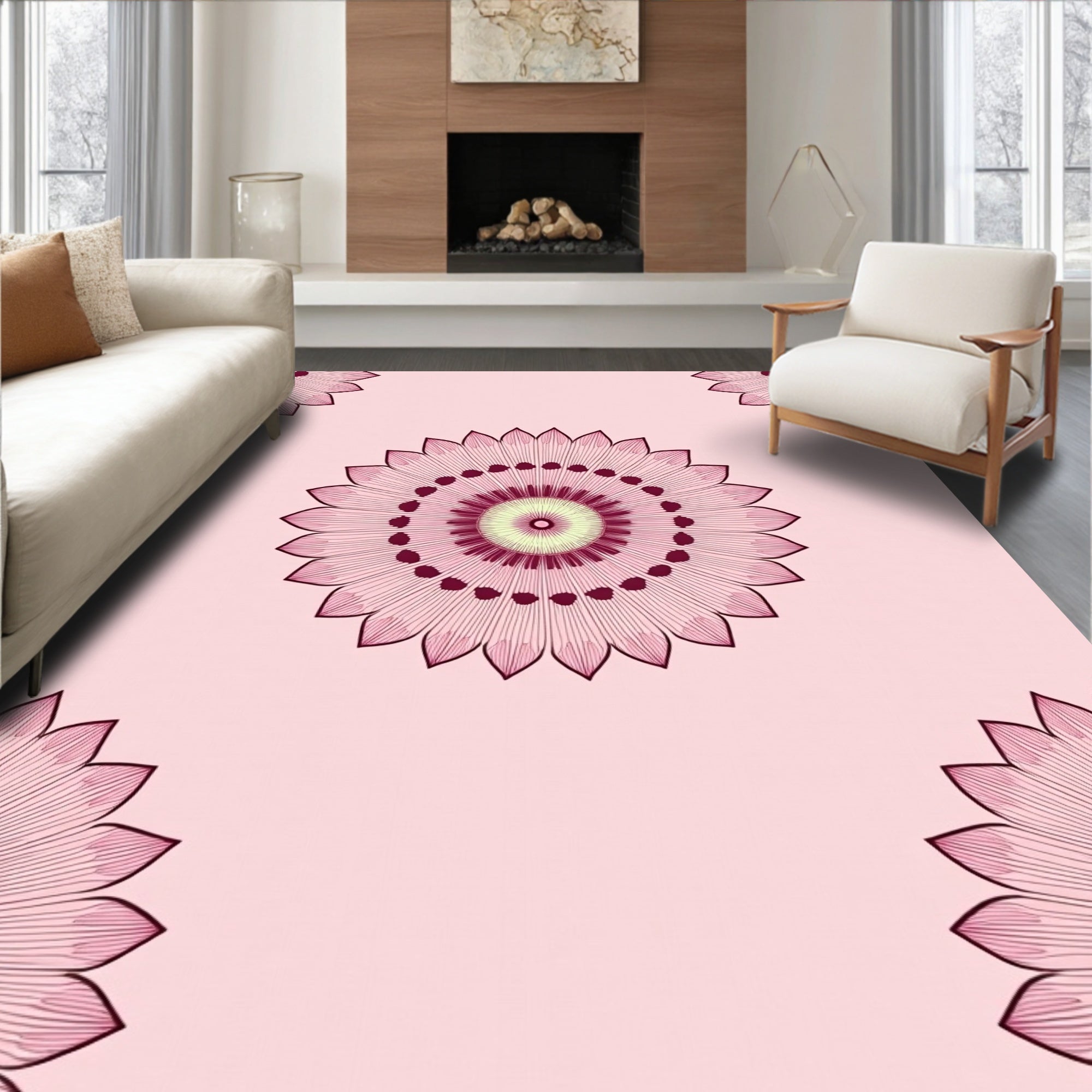 Pink Floral Mandala Design Rug