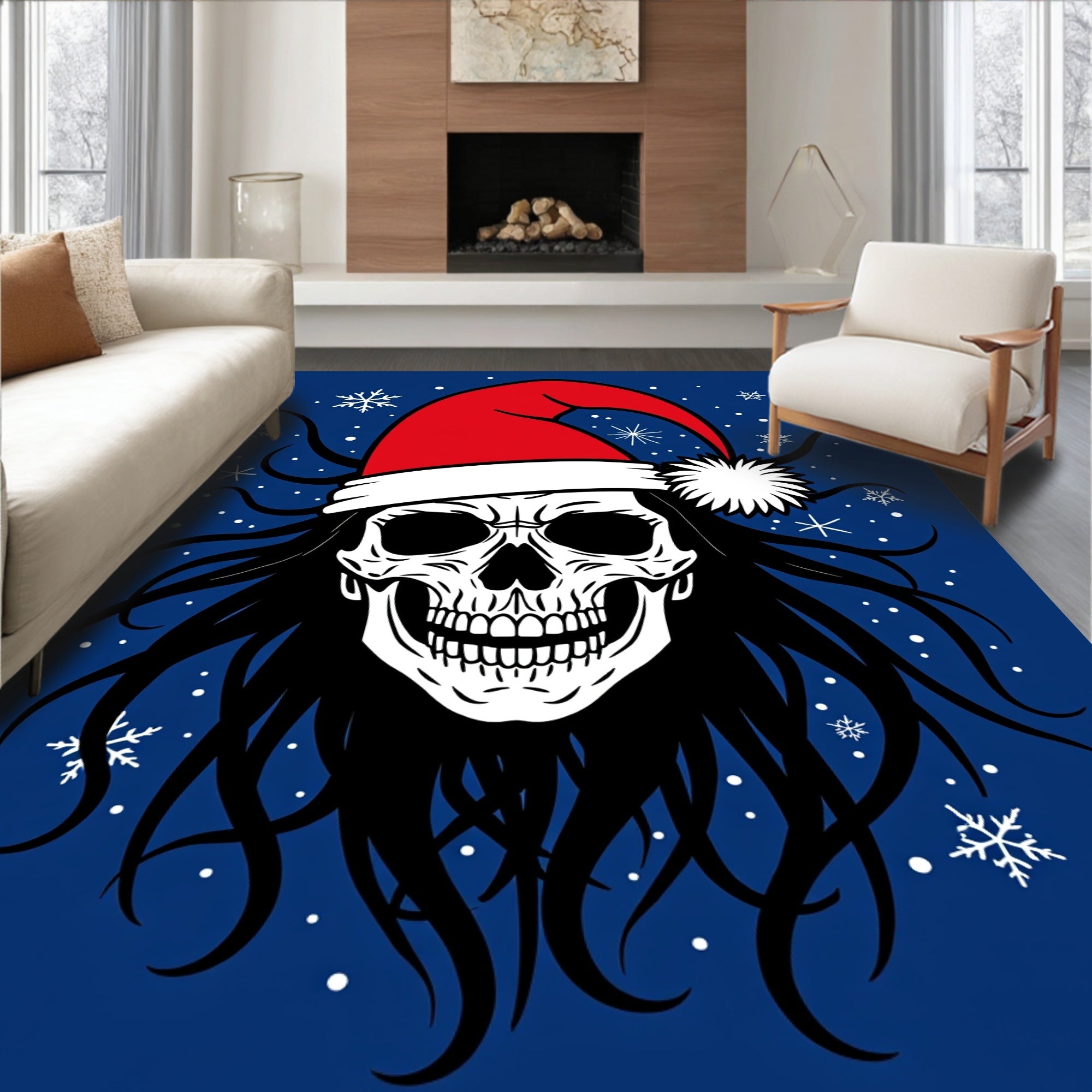 Spooky Christmas Skull Snowflakes Rug