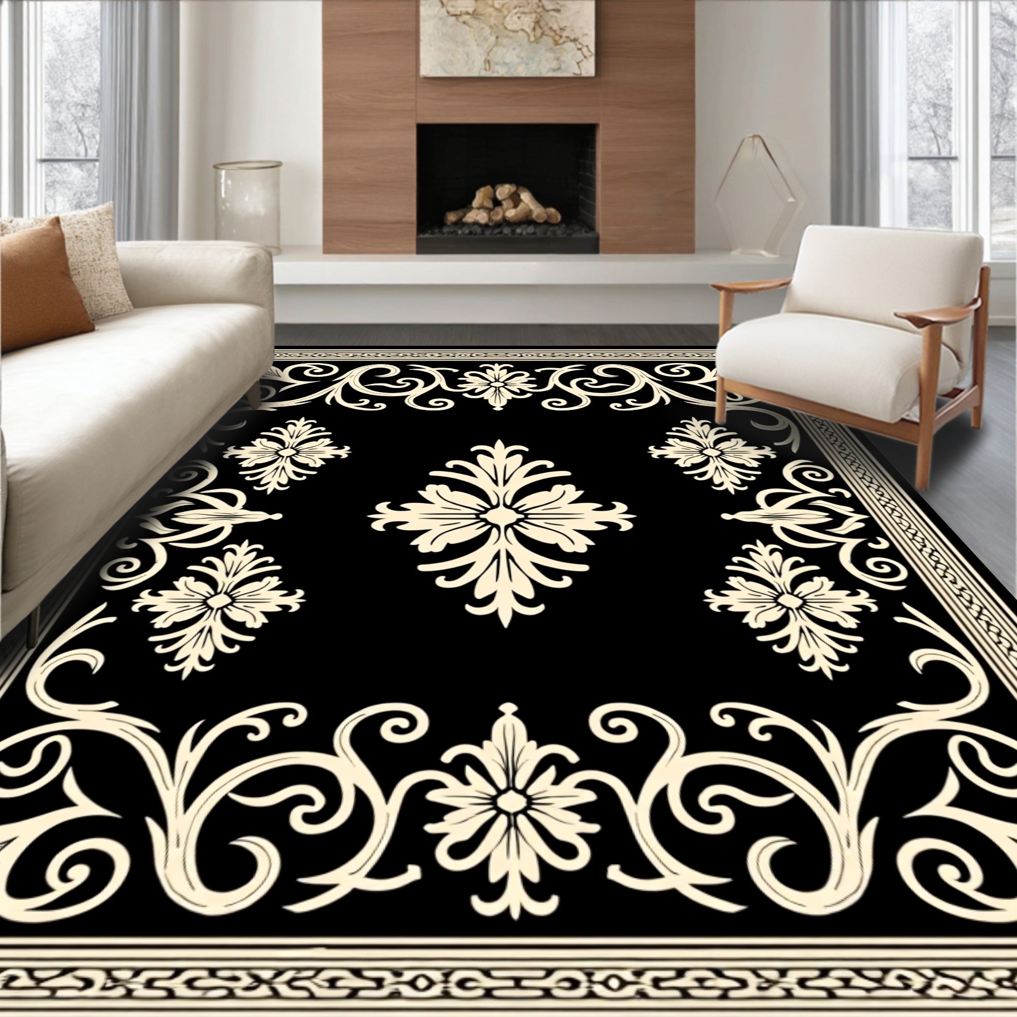 Elegant Black Floral Scrollwork Rug