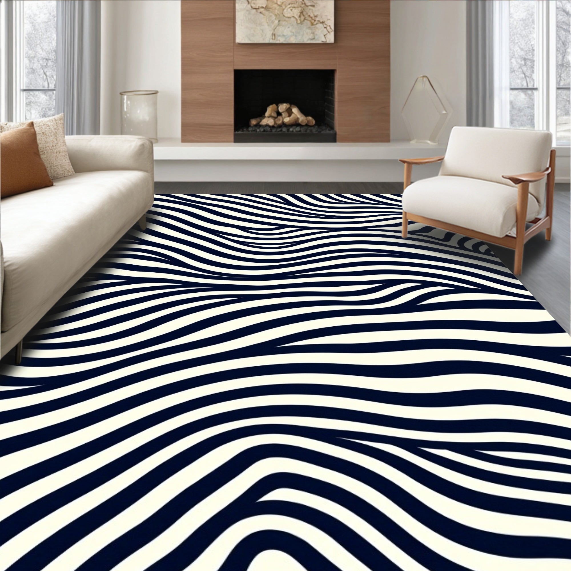 Classic Black Cream Wavy Lines Rug