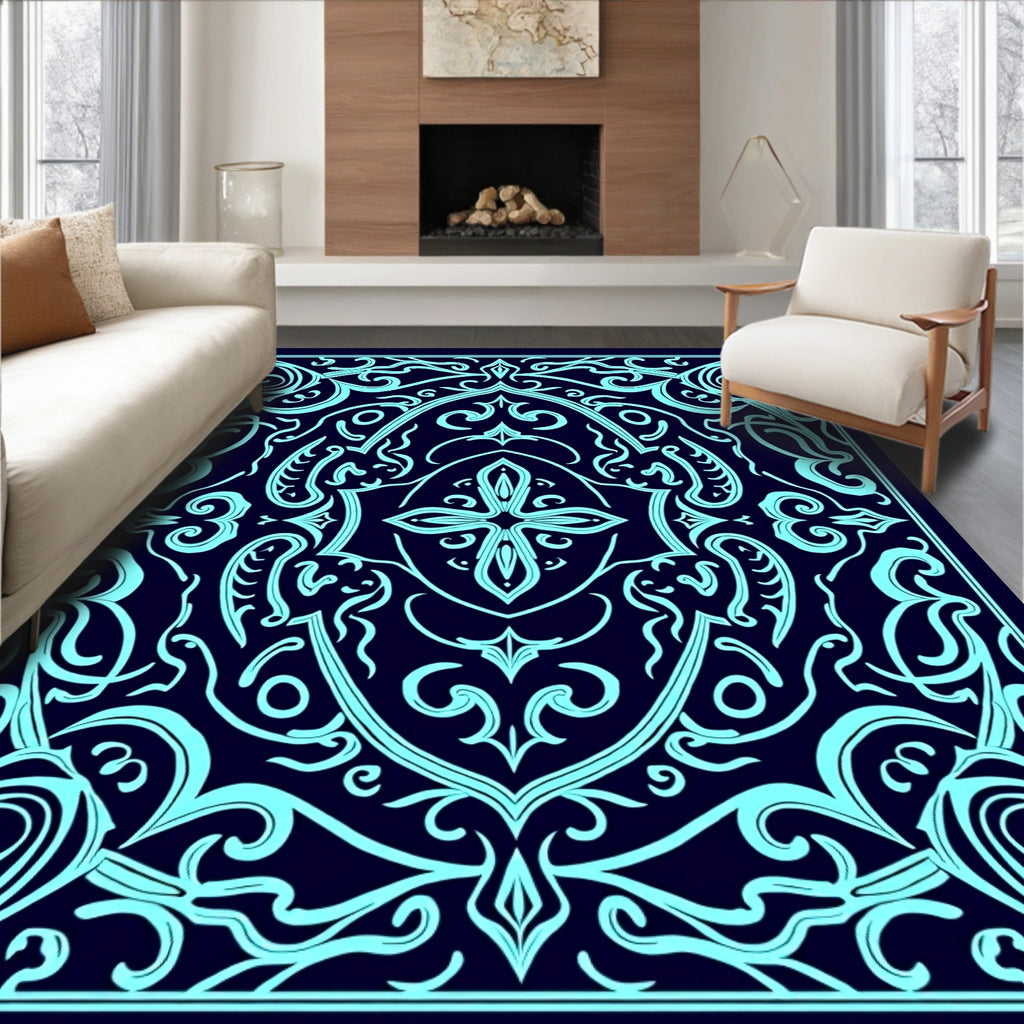 Intricate Light Blue Swirl Pattern Rug