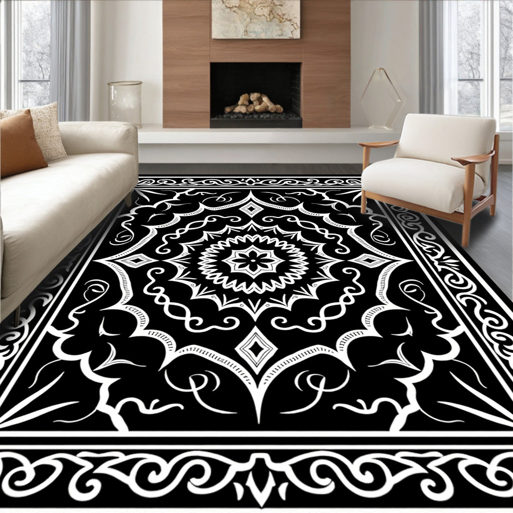 Intricate White Mandala Patterned Black Rug