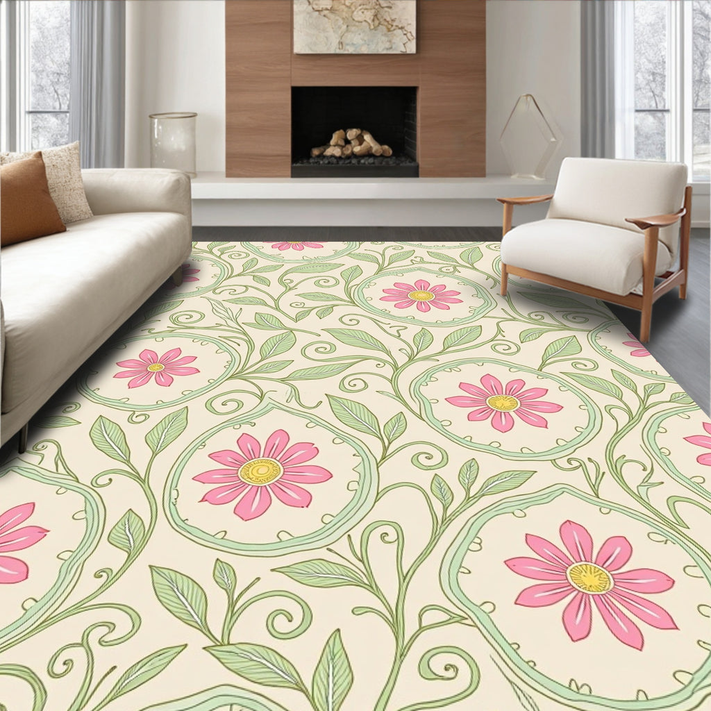 Floral Vine Swirl Pink Daisy Rug