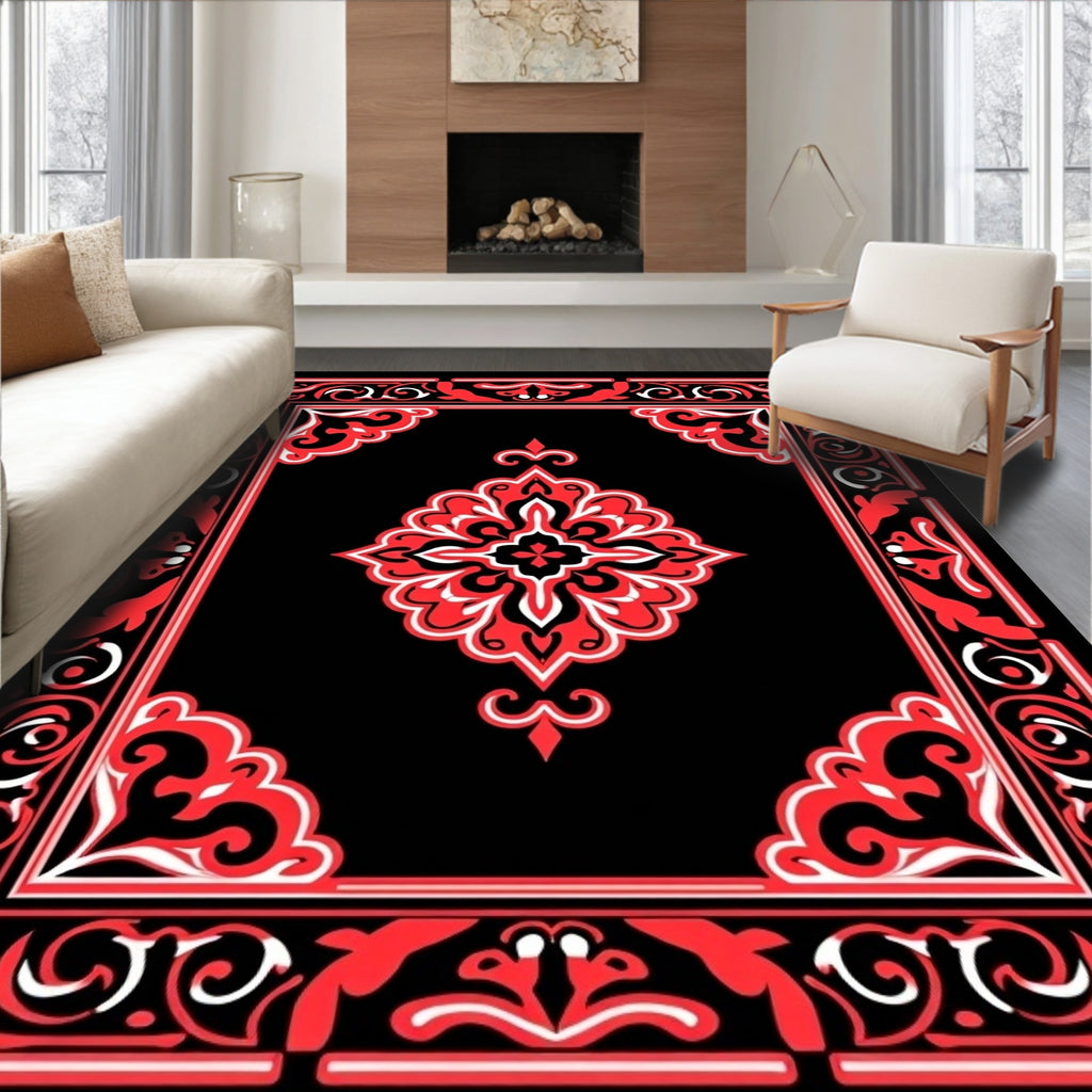 Bold Black Red Floral Medallion Rug