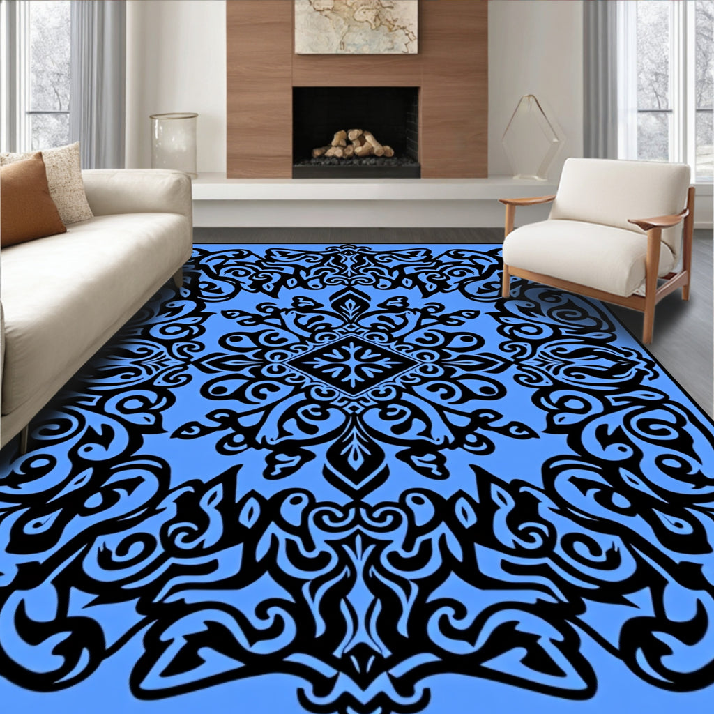 Bold Black Scrollwork With Blue Pattern Rug