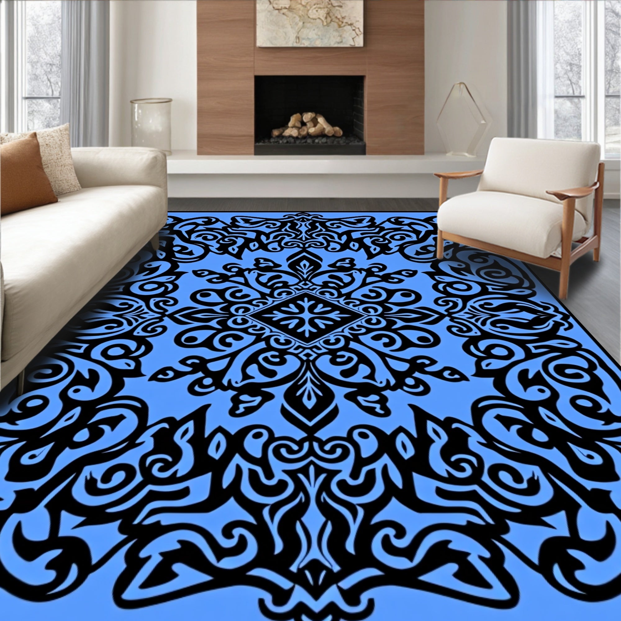 Bold Black Scrollwork With Blue Pattern Rug