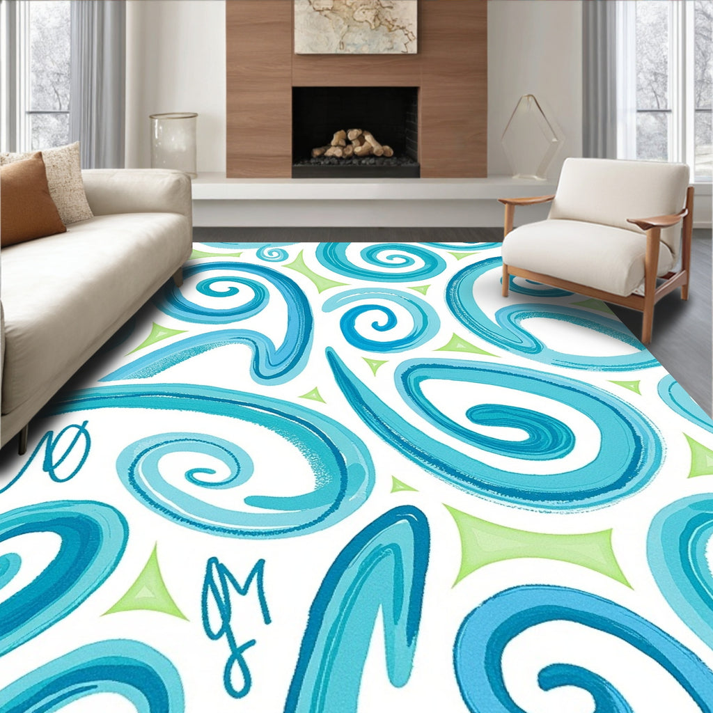 Turquoise Swirling Curls Whimsical Rug