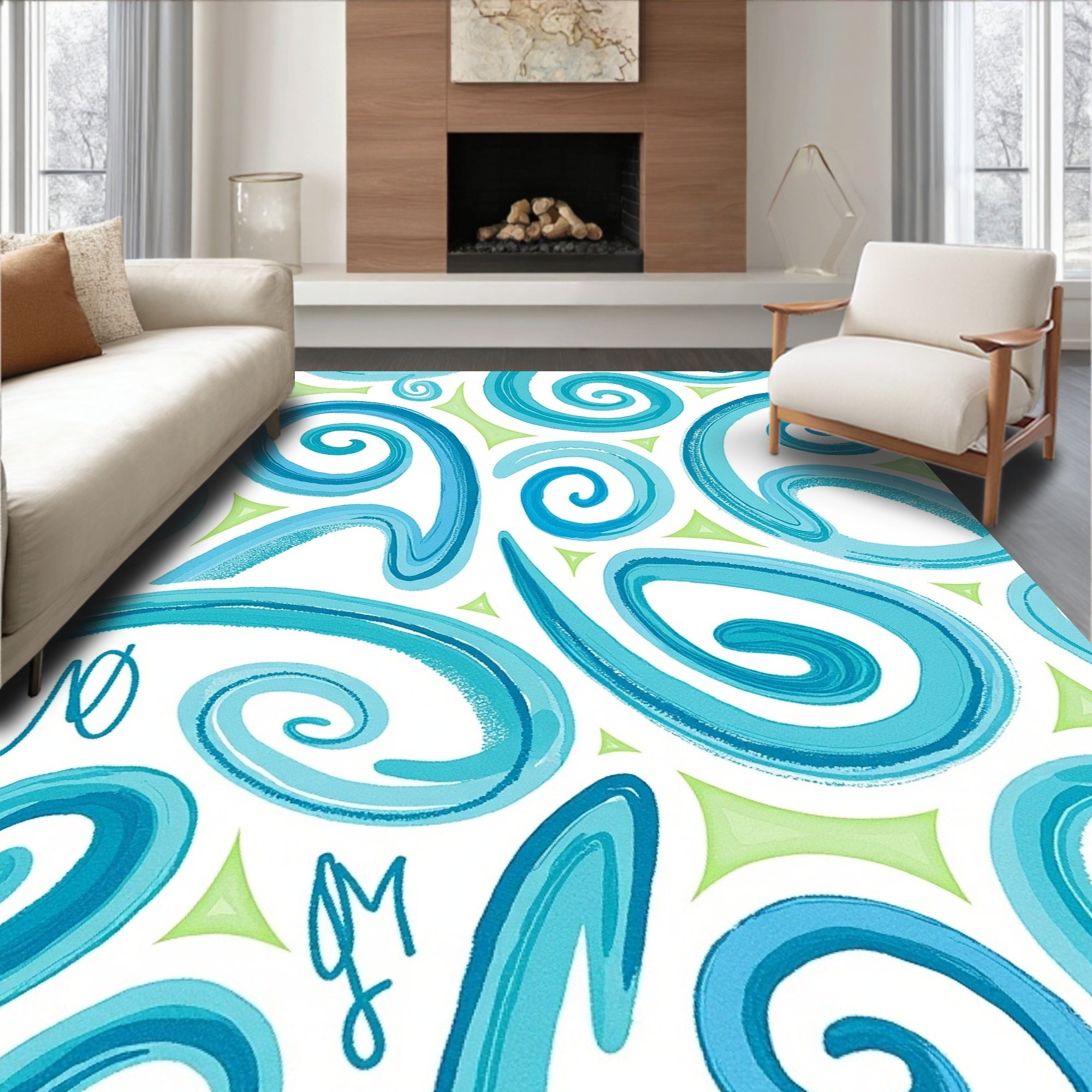 Turquoise Swirling Curls Whimsical Rug