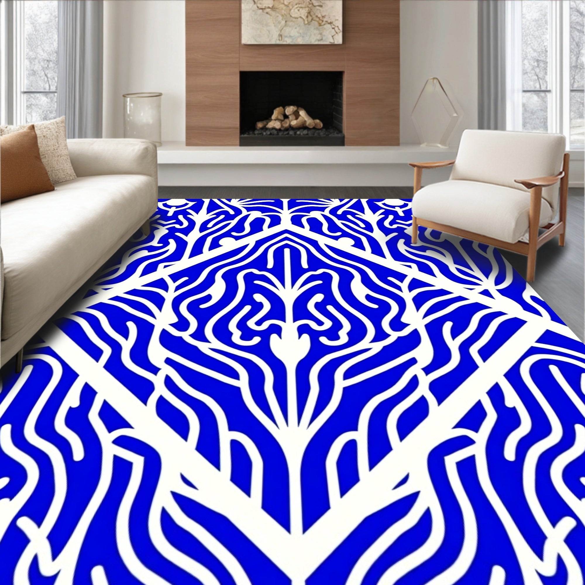 Blue White Organic Art Deco Pattern Rug