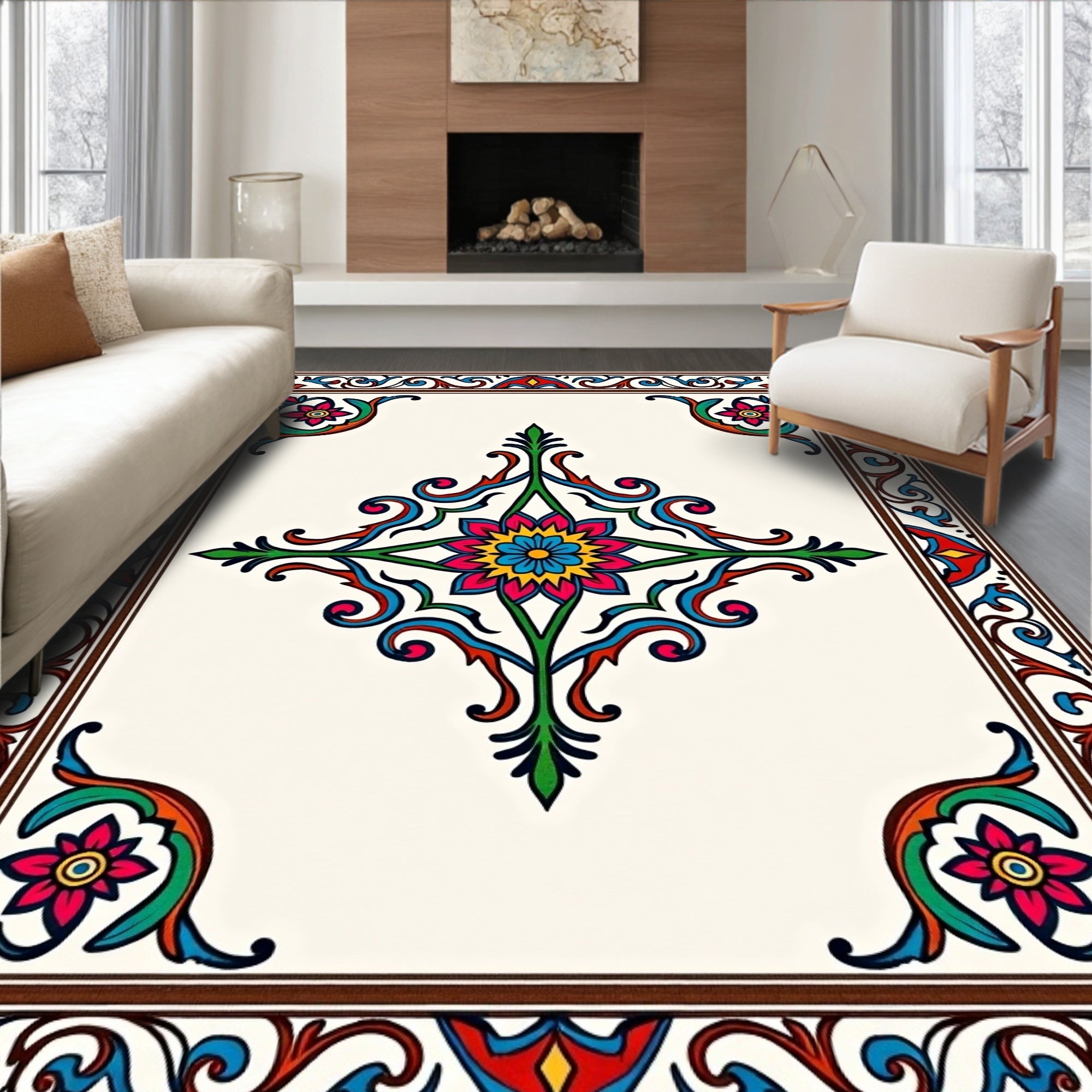 Ornate Floral Border Pattern Rug
