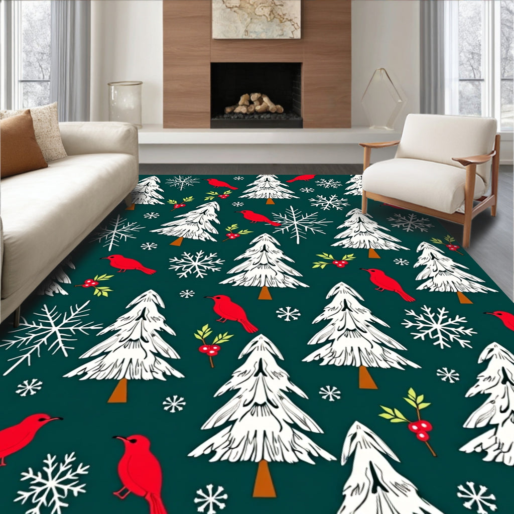 Festive Red Birds White Trees Snowflakes Rug