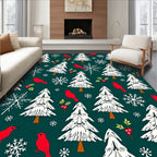 Festive Red Birds White Trees Snowflakes Rug