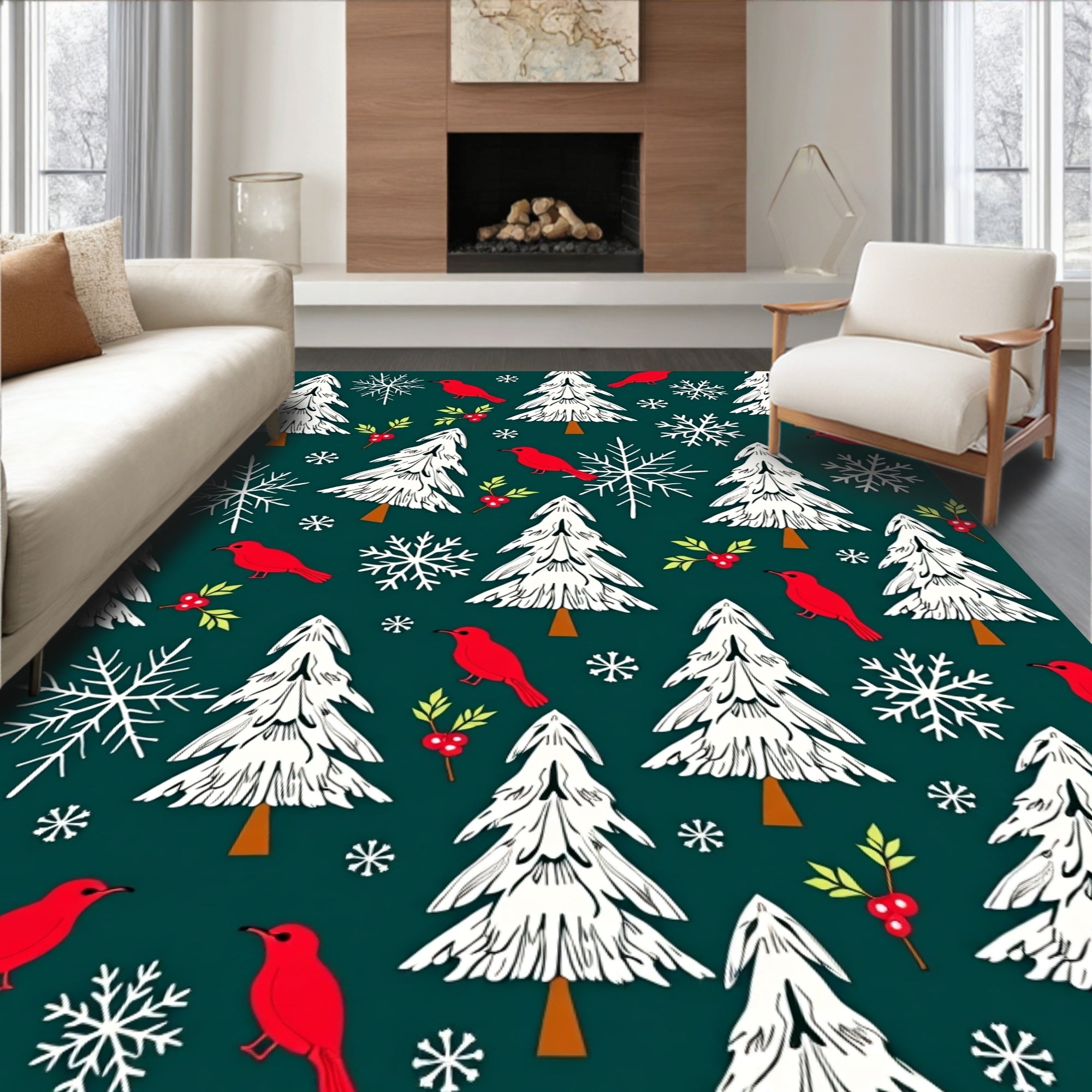 Festive Red Birds White Trees Snowflakes Rug