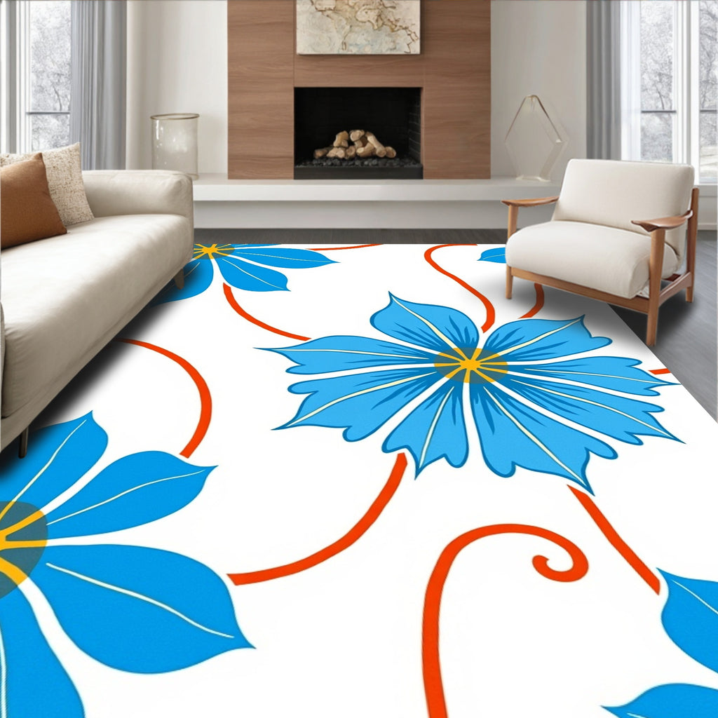 Vibrant Blue Floral Vine Pattern Rug