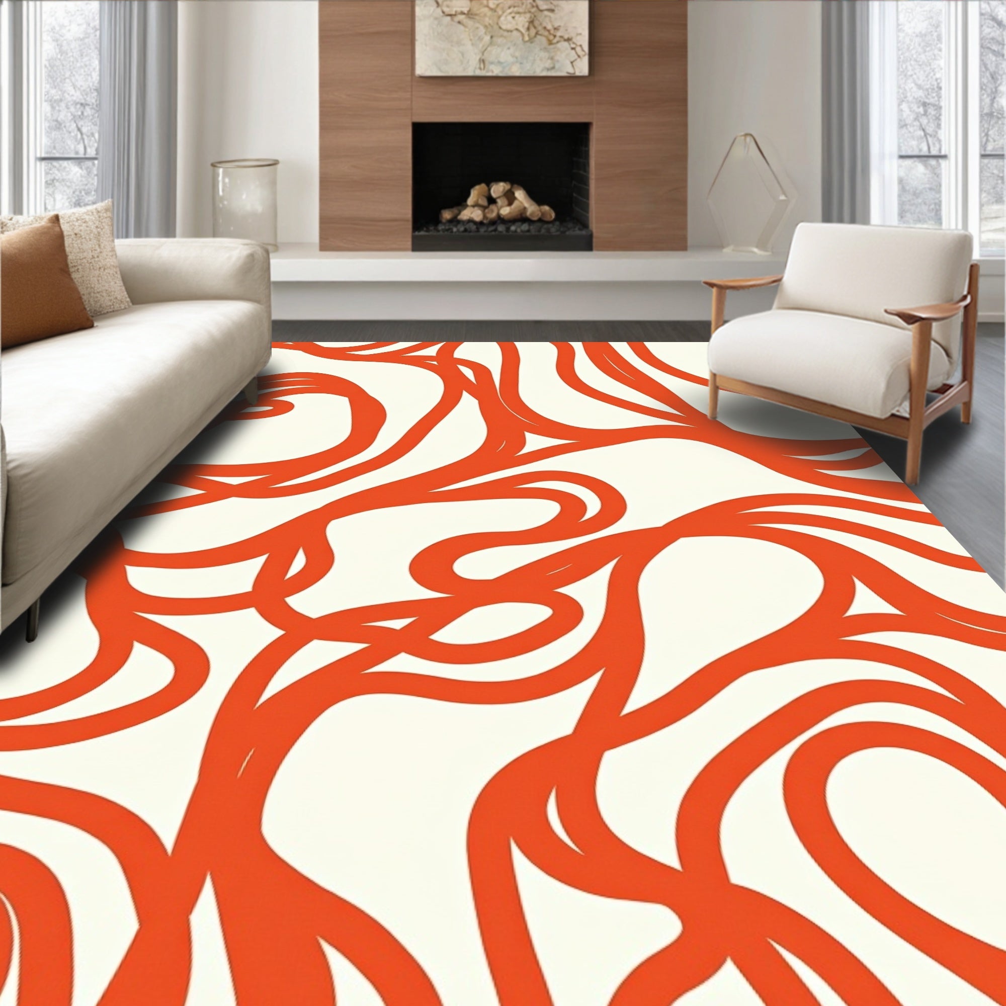 Orange Abstract Swirling Lines Rug